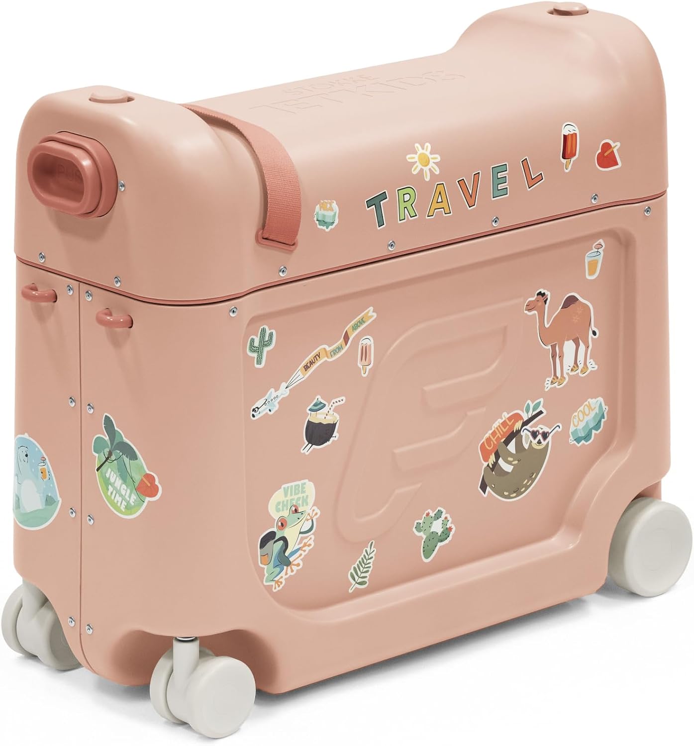 Stokke JetKids BedBox, Coral Pink – Ride-On Suitcase for Kids 2-7 Years Old (up to 77 lbs) – Transforms Into Toddler Airplane Bed – Includes Mattress, Decorative Stickers & Adjustable Carrying Strap