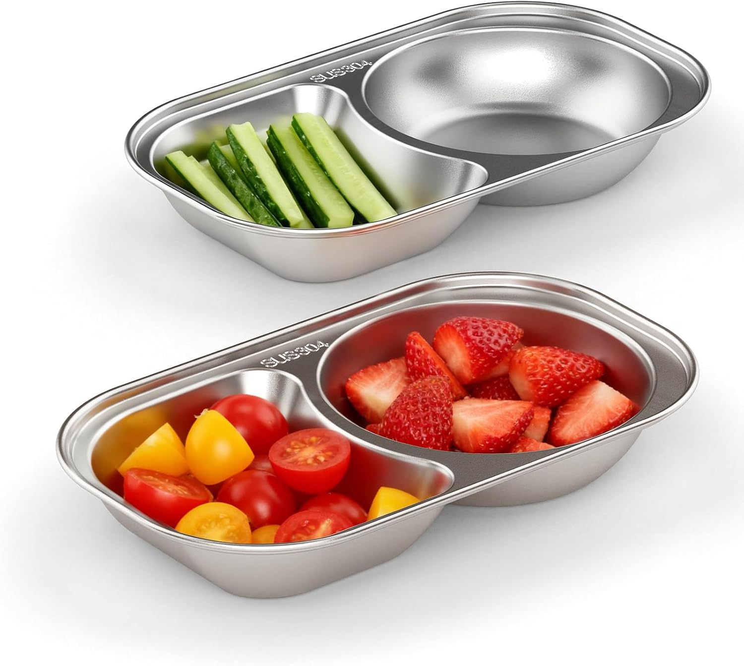 Bakpoco 2PCS Stainless Steel Toddler Plates with 2 Dividers, Kids Plates for Snack Portion Control, Small Divided Plate for Baby Feeding & Adults Camping, Non-toxic Dishwasher Safe Metal Dish