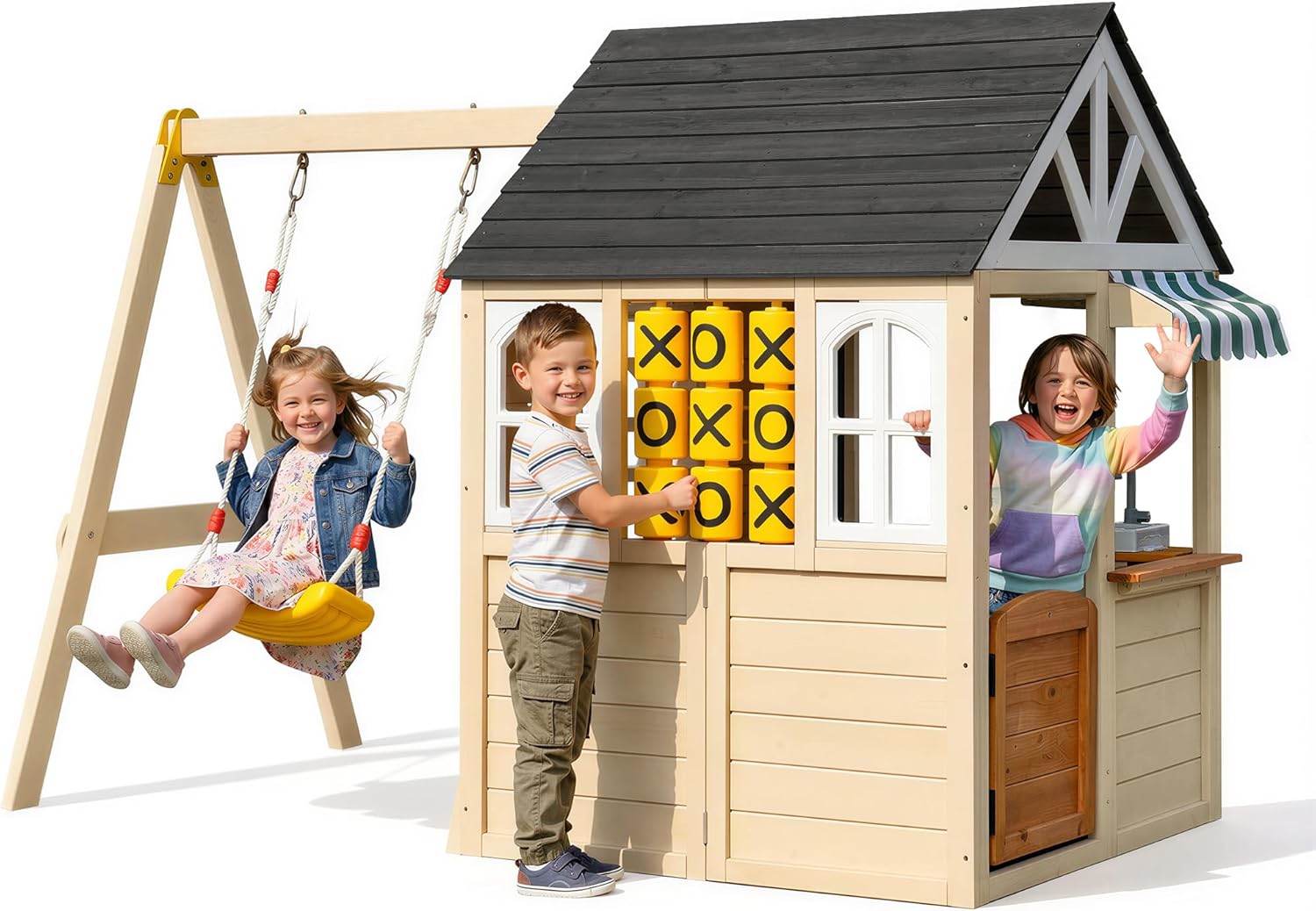 Cedar Wooden Playhouse with Swing Set for Kids, 2-in-1 Outdoor Backyard Playset with Tic-Tac-Toe Game, Play Kitchen, Pet Door & Doorbell, Space-Saving Kids Playhouse for Ages 3-8