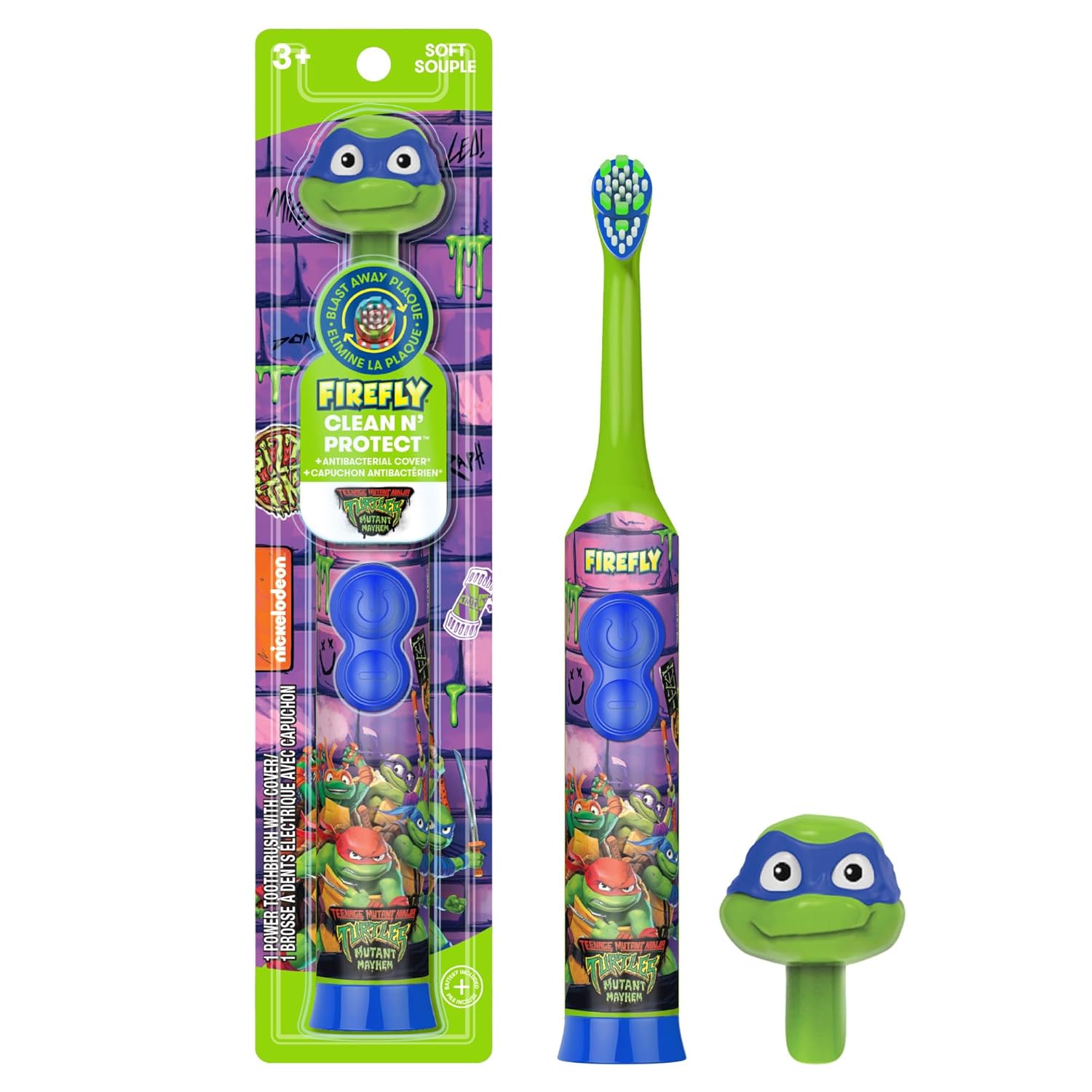 FIREFLY Clean N’ Protect Teenage Mutant Ninja Turtles Power Toothbrush with 3D Character Cover, Soft Bristles, Battery Included, Ages 3+, 1+1