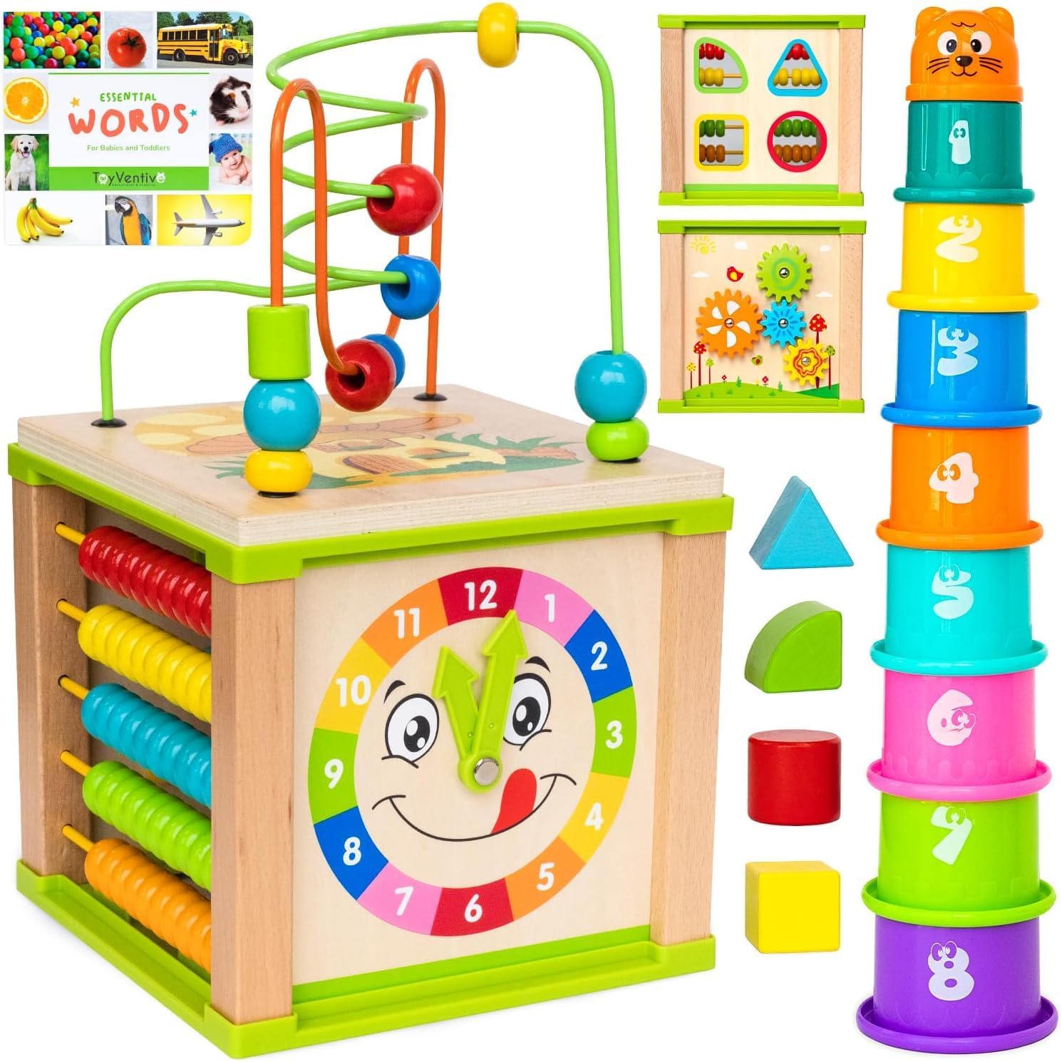 Wooden Activity Cube for 1 Year Old – 1 Year Old Boy Gifts – 1 Year Old Boy Toys – Educational Toys for 1 Year Old – Busy Cube with Bead Maze Toy – Baby Stacking Cups & Board Book – Blue Gift Box