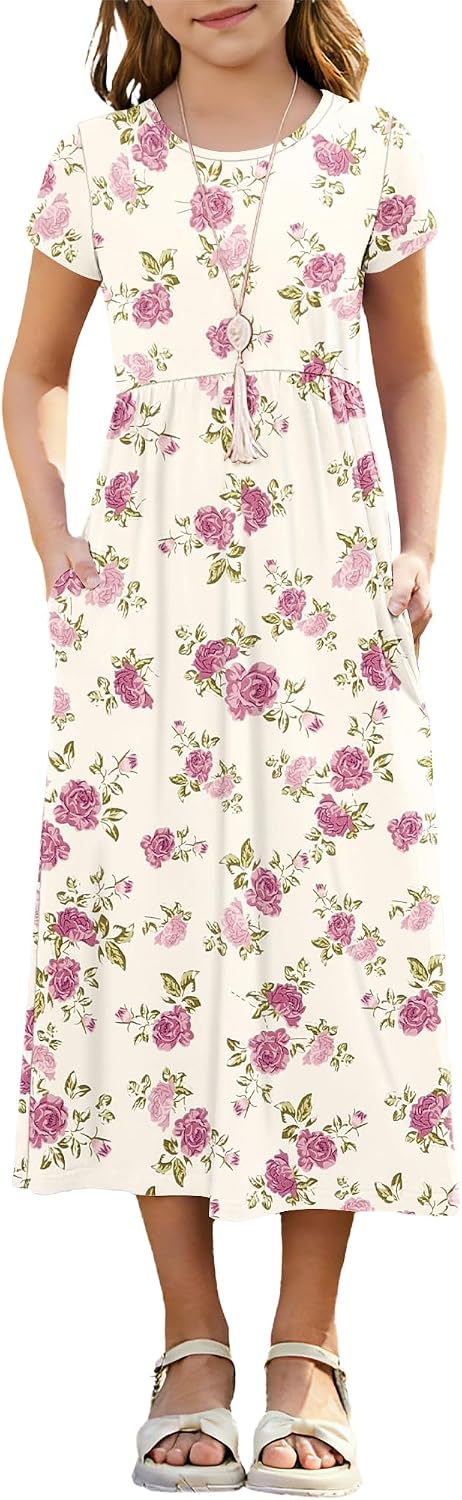 Girl’s Summer Short Sleeve Loose Dress Casual Crewneck Empire Waist Long Maxi Dresses for Kids with Pockets 5-14 Years