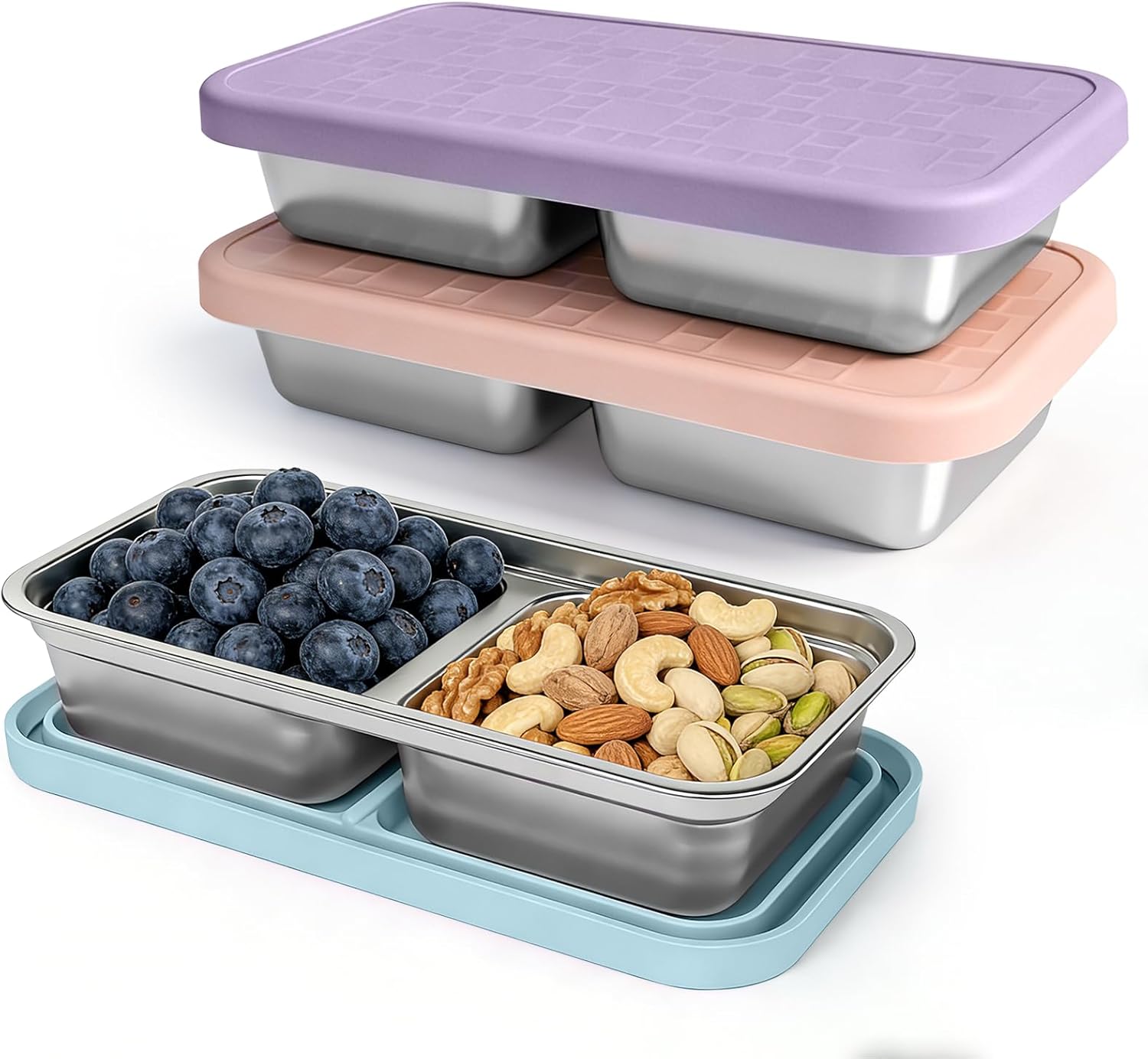 3 Pack Stainless Steel Snack Containers for Kids, Reusable Snack Containers with Silicone Lids, 2 Compartment Toddler Snack Containers for Daycare, School Lunch and Travel, 15 oz