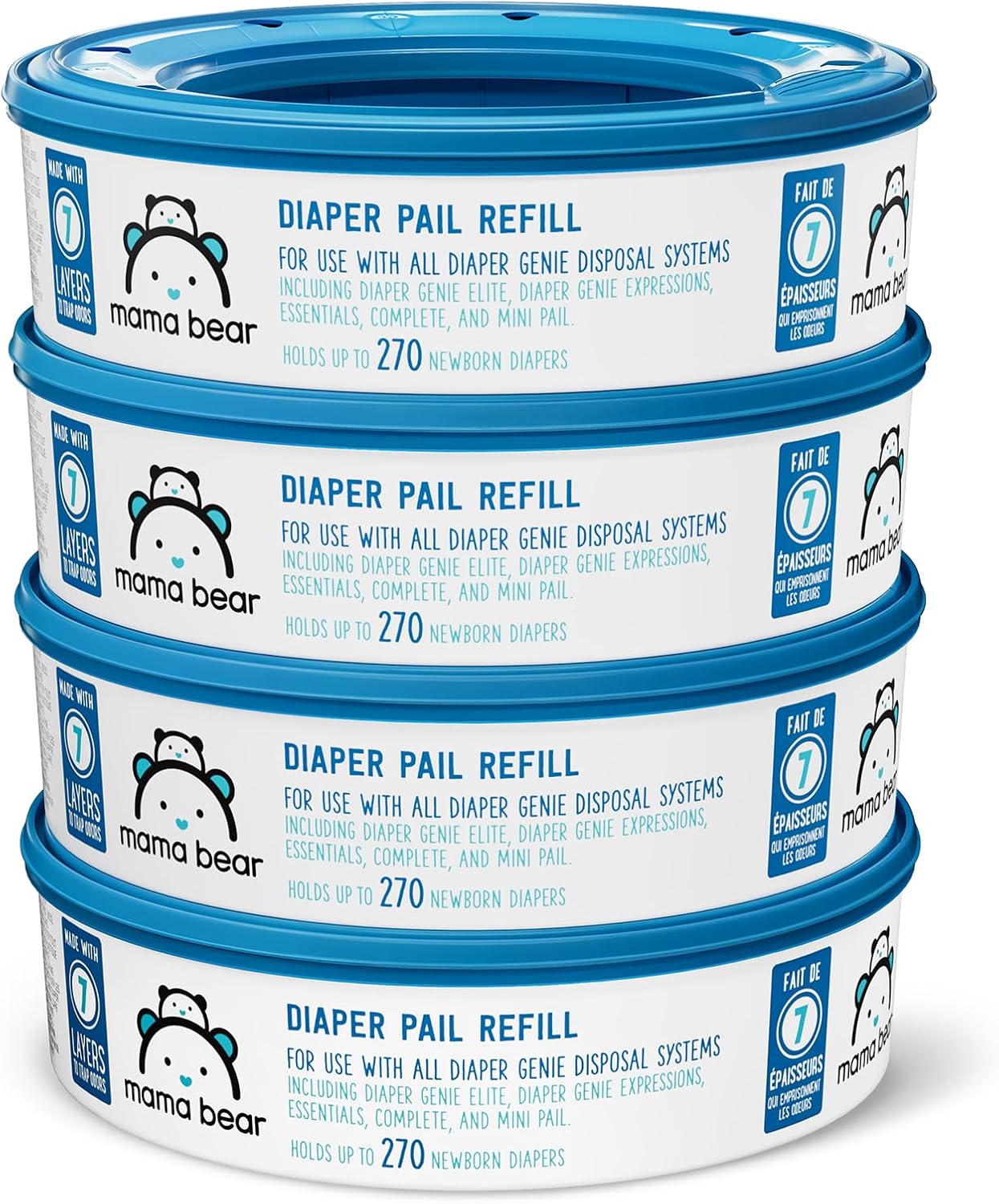 Amazon Brand – Mama Bear Diaper Pail Refills with Odor Control for Diaper Genie Pails, Unscented, 1080 Count (4 Packs of 270 Count)