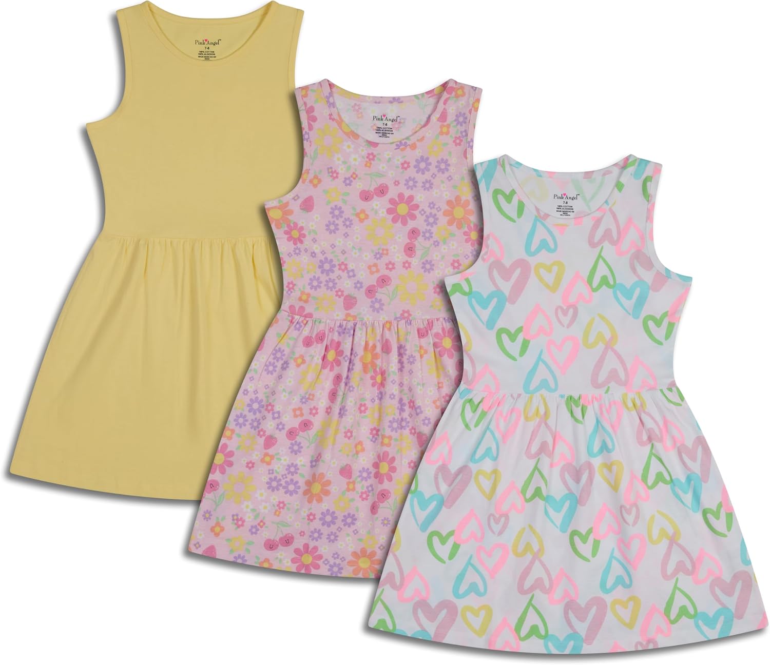 Pink Angel 3-Pack Girls’ Dresses, Kids Casual Fit and Flare Sleeveless Summer Dress & School Outfit, 100% Cotton