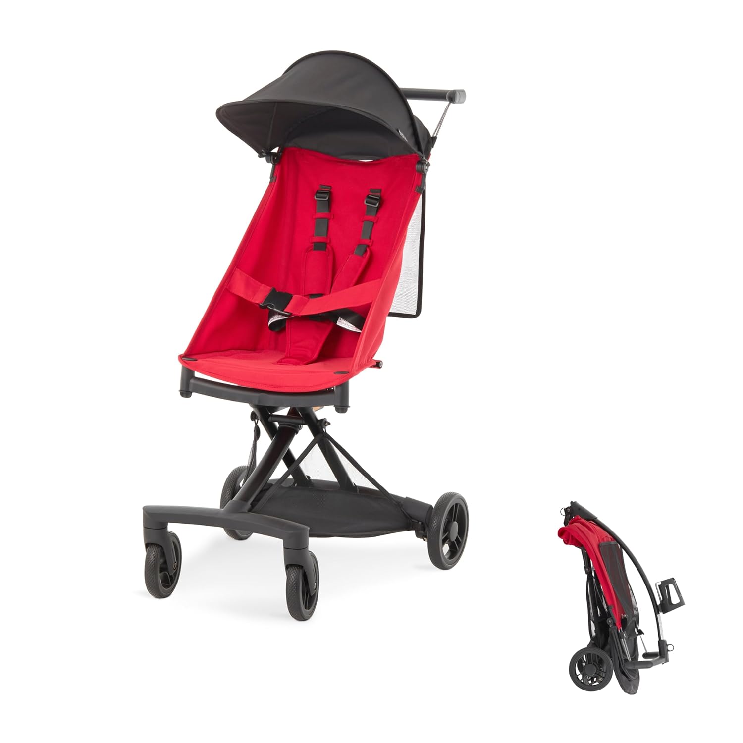 Evolur Roamer Ultra Lightweight Stroller, Compact One-Hand Self-Standing Fold Travel Stroller with 5-Point Safety Harness, Adjustable Sun Canopy, 360° Rotating Wheels with Cup Holder – Red