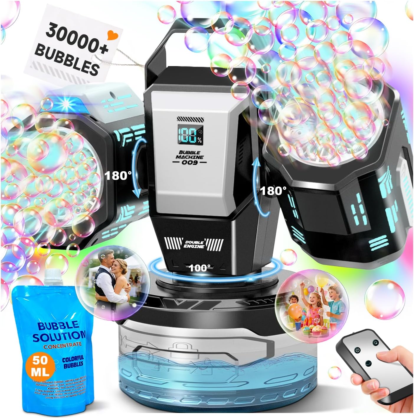 Rechargeable Bubble Machine with RGB Lights: 30,000 Bubbles Storm, Auto 360° Rotation & Remote Control – with Bubble Refill Solution & Power Display for Romantic Weddings, Kids Parties, Outdoor Fun