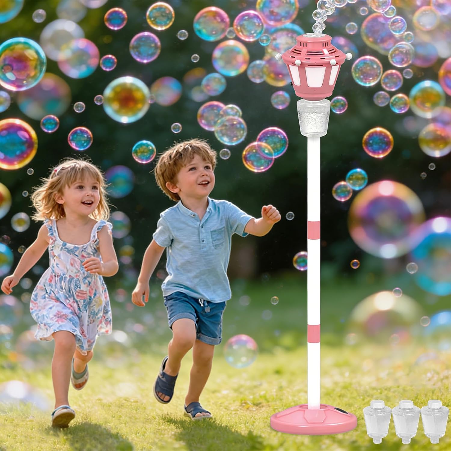 Bubble Machine for Kids Outdoor, 40″ Adjustable Height Automatic Bubble Blower with Light & Rechargeable Battery, Bubble Maker Toy for Toddlers Party Birthday (Includes 3 Solution), Pink