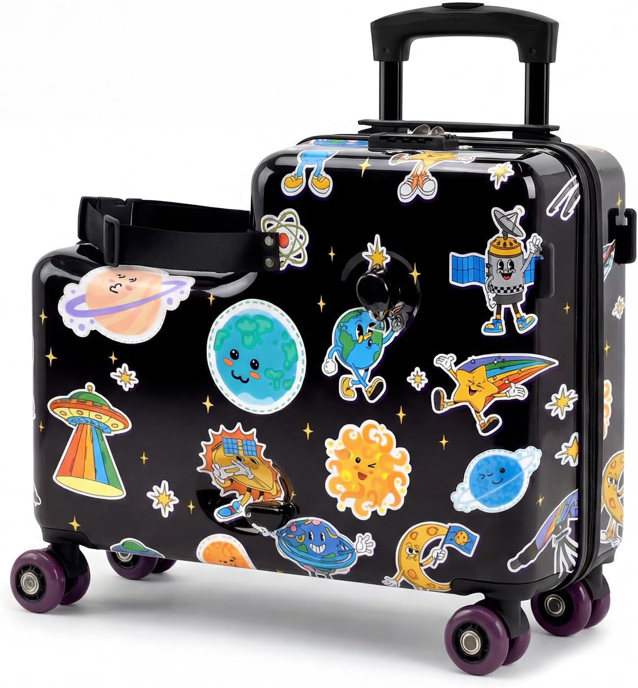 smilesun 20″ Ride-On Suitcase for Kids, Cute Pattern, Lightweight Hardshell Carry-On Luggage with Double Spinner Wheels, TSA Lock for Boys & Girls（Black）
