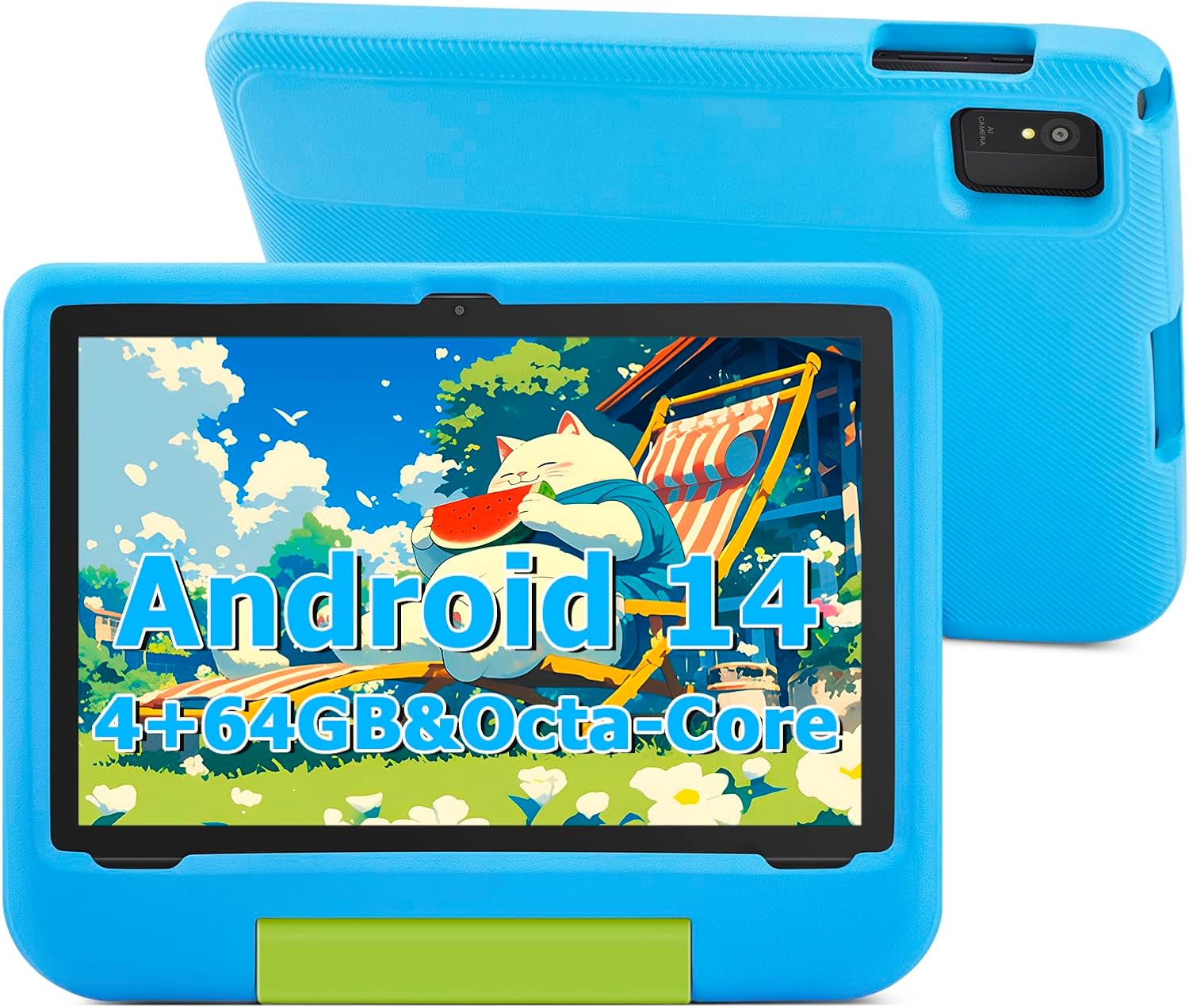 Kids Tablet 10 Inch – Android 14 Tablet for Kids, Octa-Core, 4GB RAM 64GB ROM Expandable, IPS HD 1280×800, WiFi 6, 5000mah Battery, GMS, 2.0MP + 5.0 MP, Parental Control (Blue EVA Case)