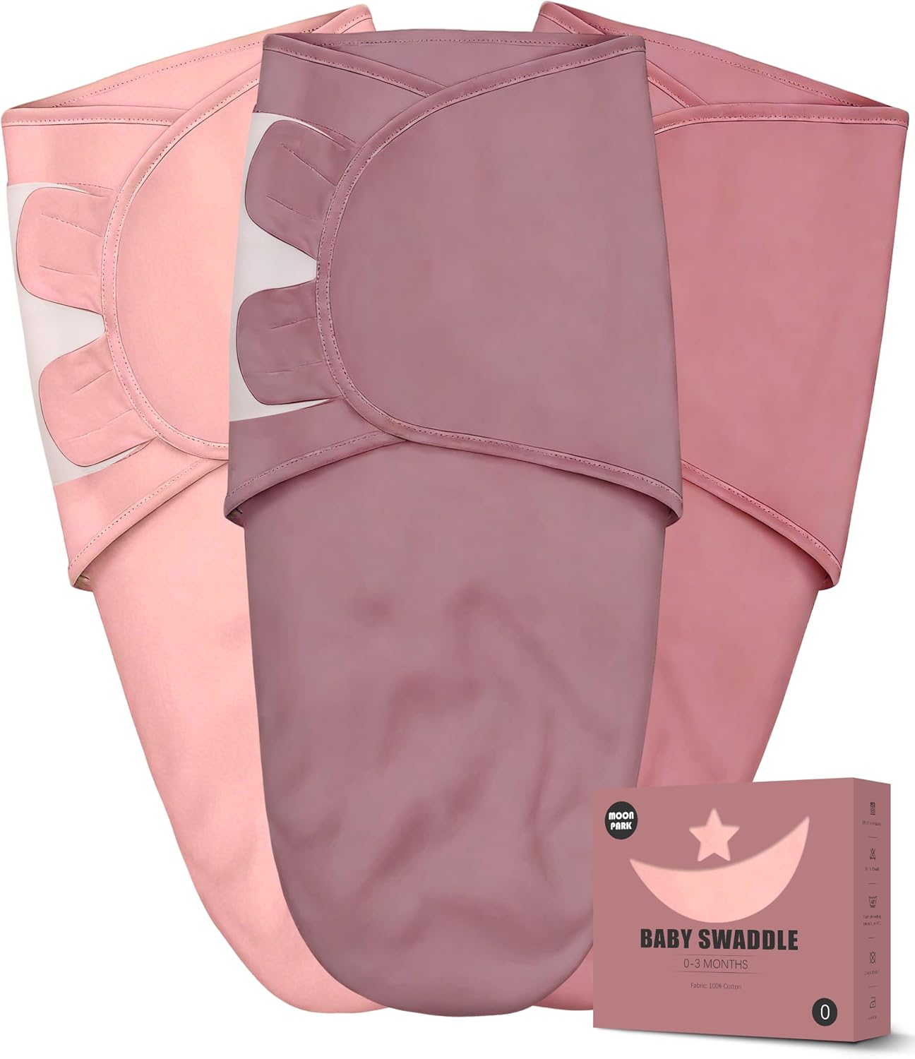 Newborn Swaddle Blanket Wrap 0-3 Months (3-Pack) – Adjustable Infant Sleep Sack, 100% Cotton Anti-Startle Soothing Sack, Soft Breathable Nursery Bedding – Dusty Rose + Pearl + Mauve
