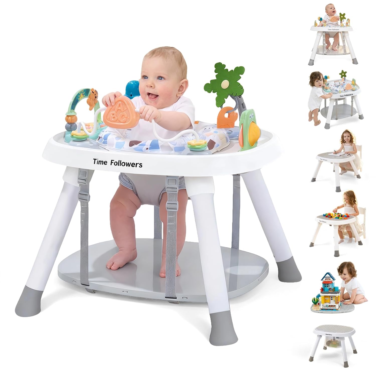 Time Followers® 6-in-1 Baby Activity Center | 4 Stage Montessori-Inspired Toys | Grow Stationary Standing Toddler Table | Jumpers & Bouncers | Must Have for Boy & Girl 6, 12, 24+ Month Old (White)