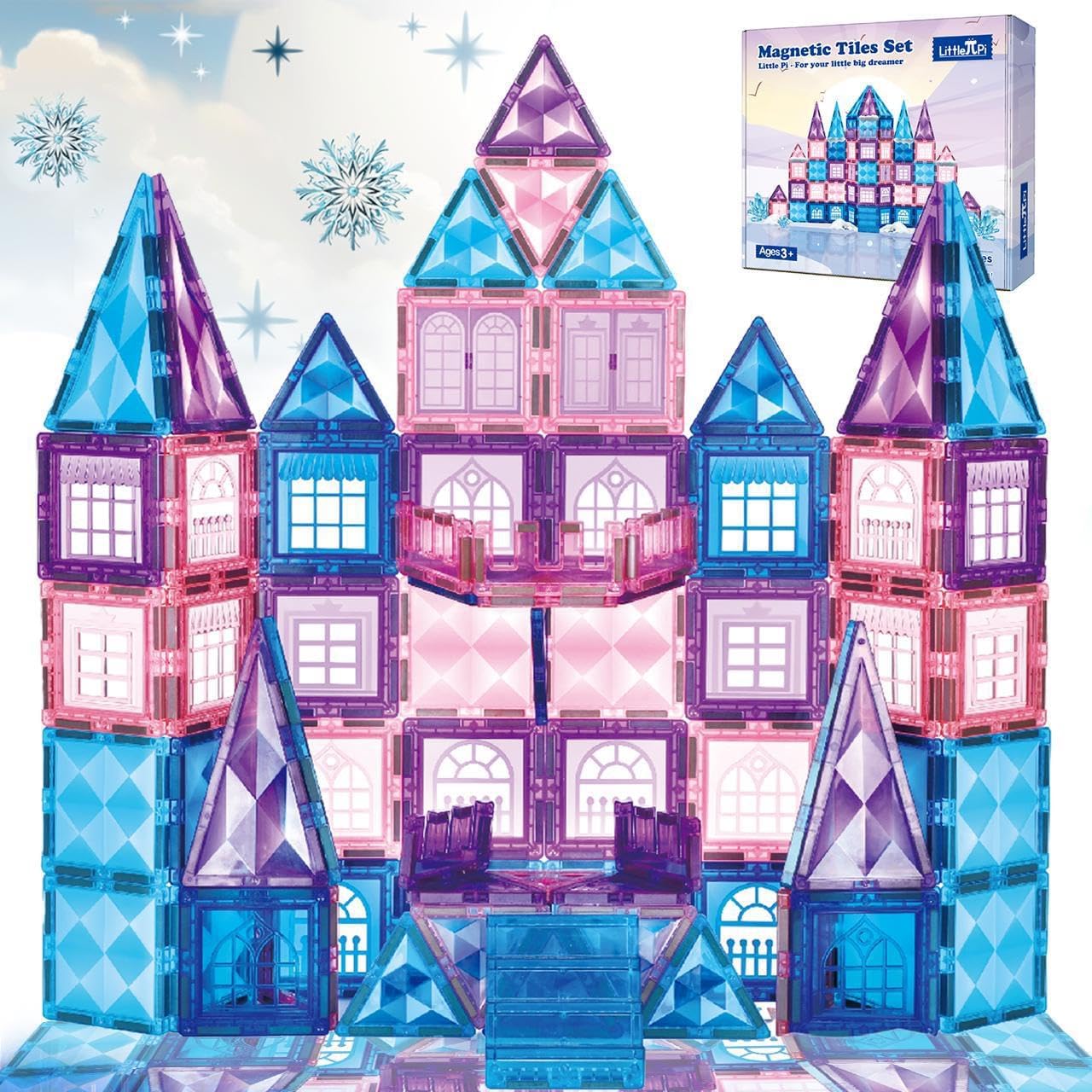 Little Pi 102pcs Frozen Princess Castle Magnetic Tiles Building Blocks – 3D Diamond Blocks, STEM Educational Toddler Toys for Pretend Play, 4 Year Old Girl Birthday Gifts Kids Ages 3 5 6 7 8 – Blue