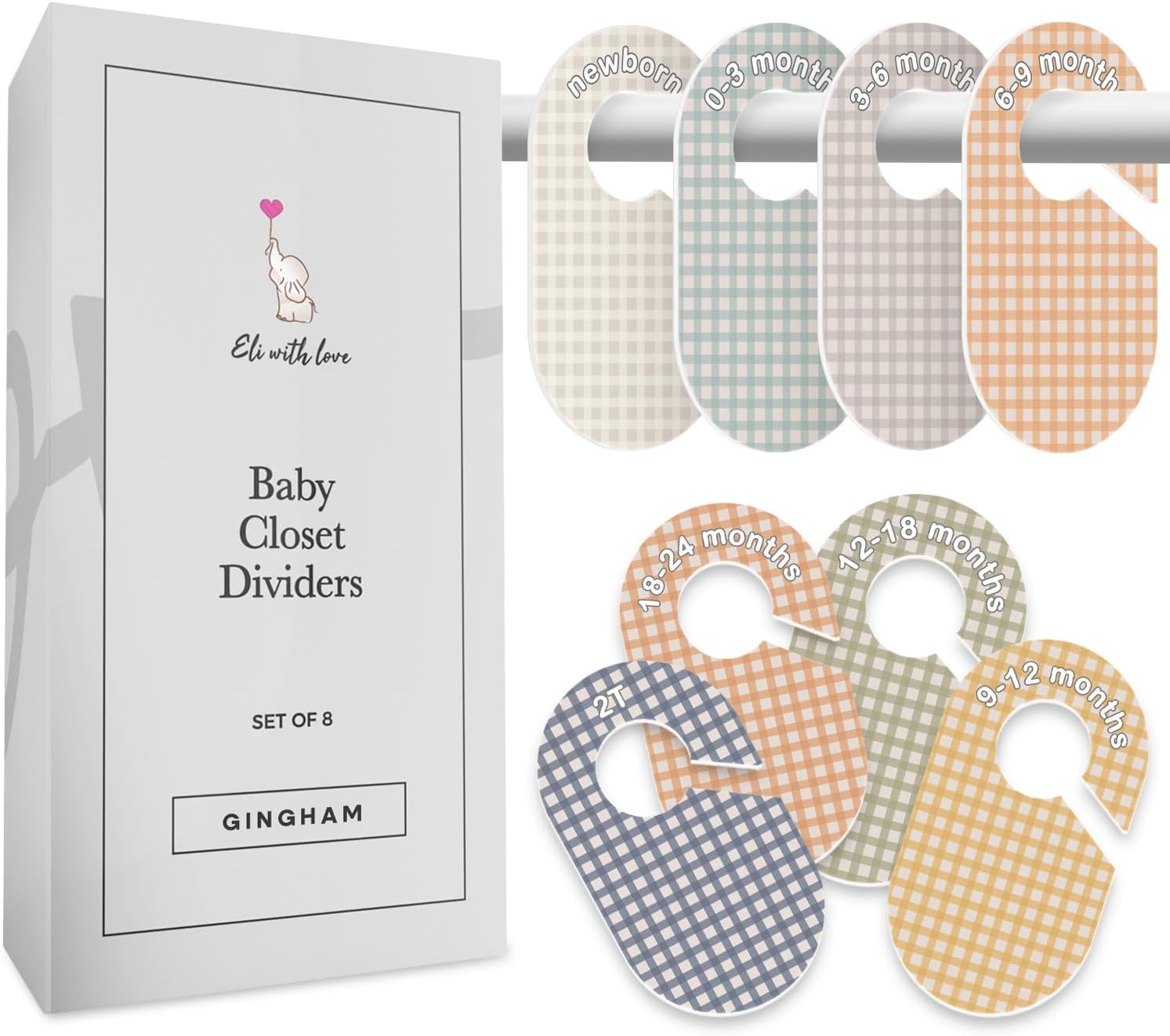 Eli with Love Baby Closet Dividers (Gingham) – Ideal Baby Clothes Dividers – Organize Nursery Closet Hangers by Size/Age