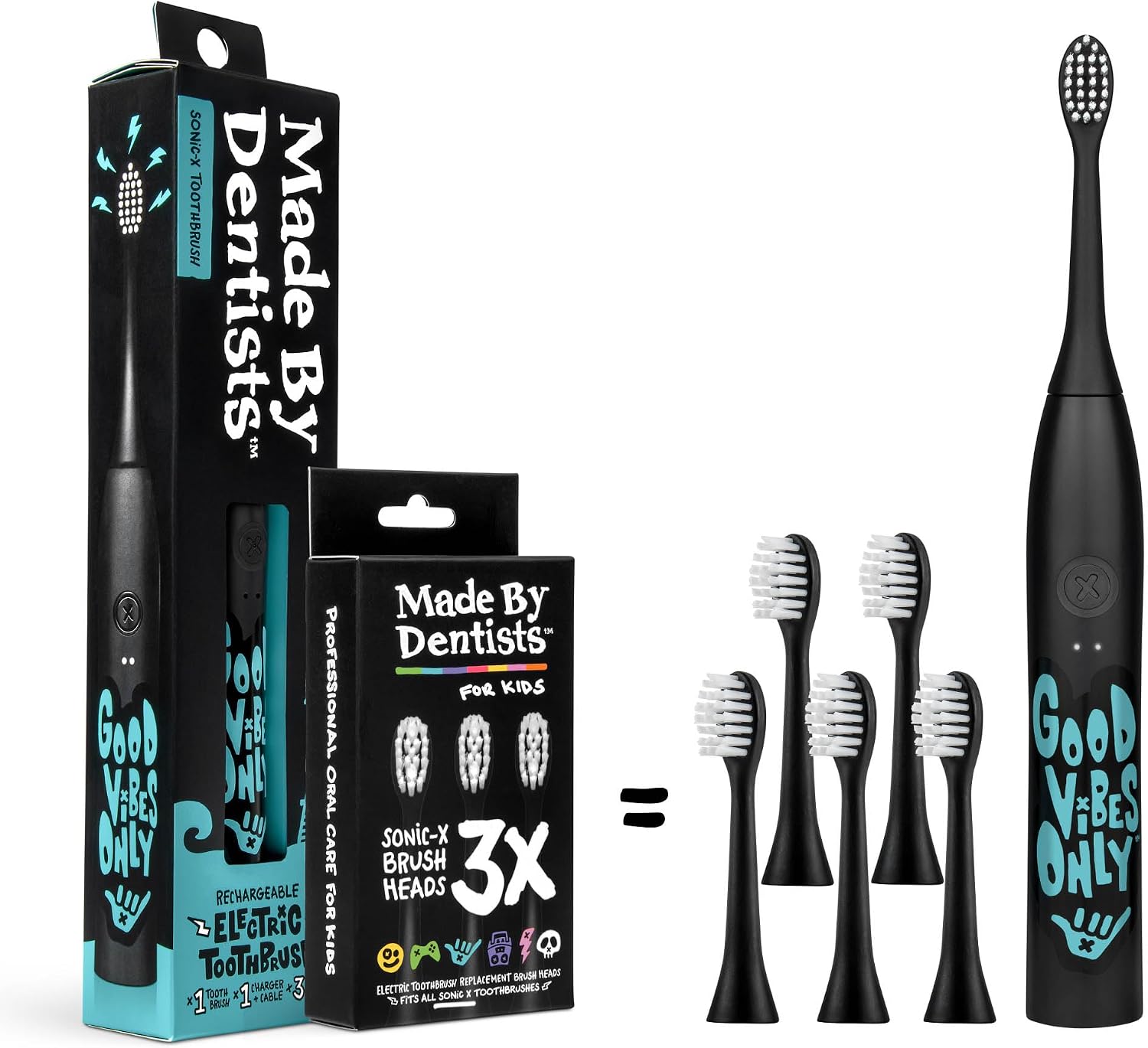 Made by Dentists Sonic X Electric Toothbrush – Rechargeable Kids Sonic Toothbrush, 8X Plaque Removal, 2 Speed Modes, 2-Minute Timer 6 Brush Heads Included, Tweens Ages 7+, Good Vibes Only Edition