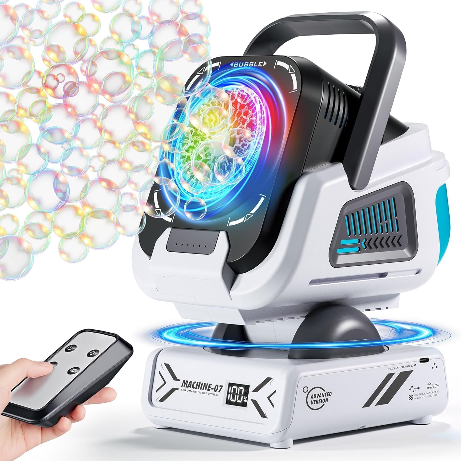 Belemar Upgraded Bubble Machine with Remote Control, Automatic Rotation & RGB Lights, Type-C Rechargeable Bubble Blower Maker for Kids, Weddings, Birthday Parties, Outdoor Activities