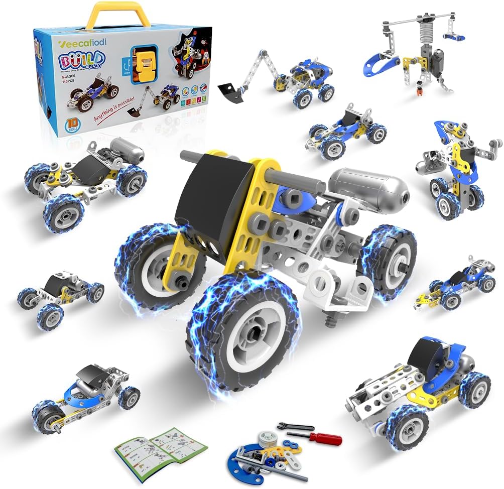 10 in 1 STEM Toys for 5 Year Old Boy, Building Toys for Kids Ages 4-8 5-7 6-8, STEM Engineering Construction Kit with Electric Motor, Educational Science Gift for 5 Year Old Boys
