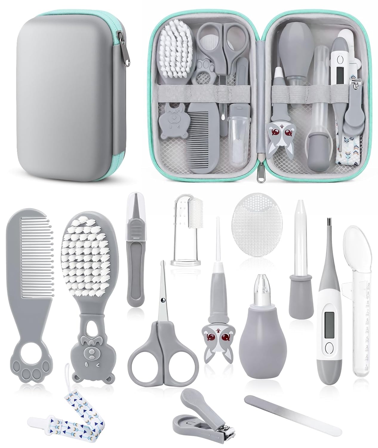 Baby Healthcare and Grooming Kit, Safety Newborn Nursery Baby Care Kit, with Hair Brush Comb, Nail Clipper, Thermometer, Pacifier Clip, Baby Registry Search, Newborn Essentials Girls Boys (Grey)