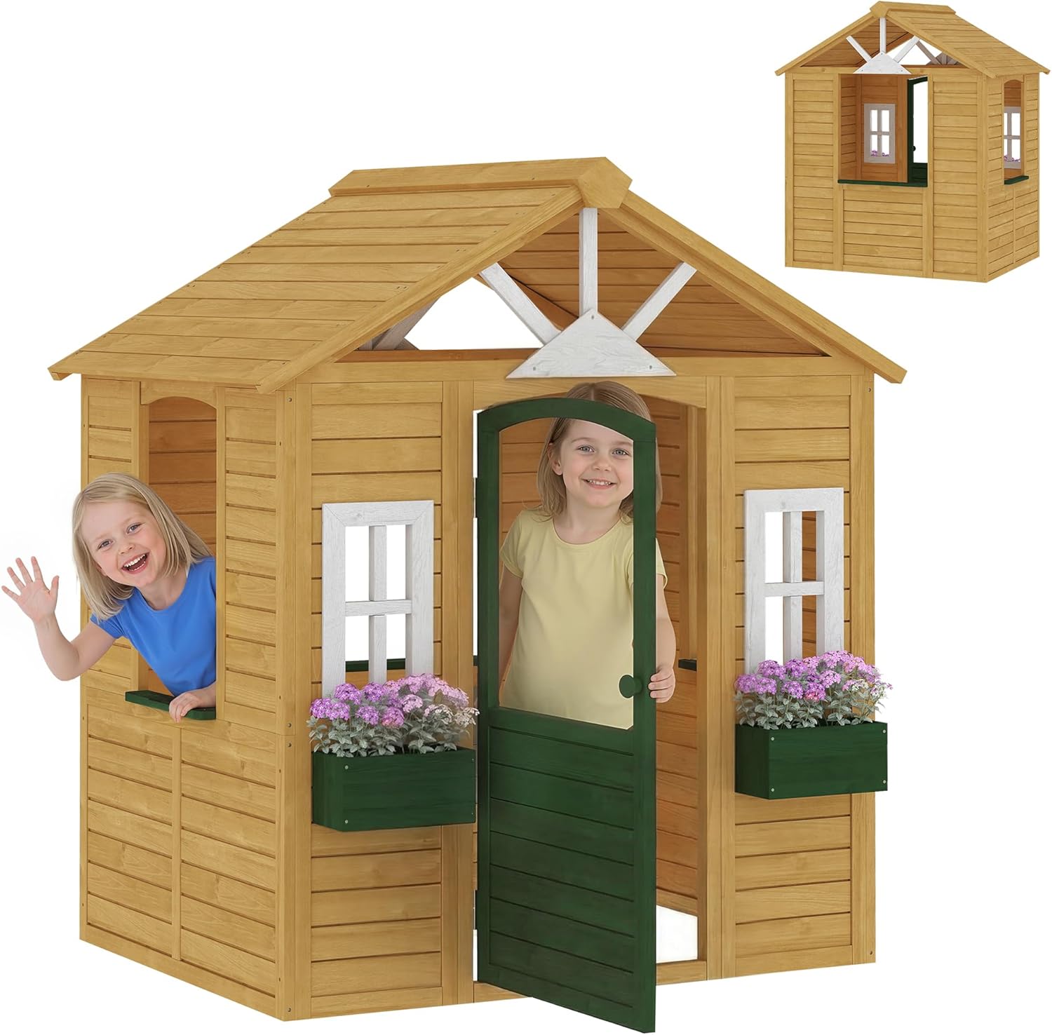 Qaba Outdoor Playhouse, Wooden Kids Playhouse with Functional Door, Three Windows and Two Flower Boxes, Kids Cottage for Imaginative Play in Backyard Garden or Indoor Playroom, Ages 3–8, Brown