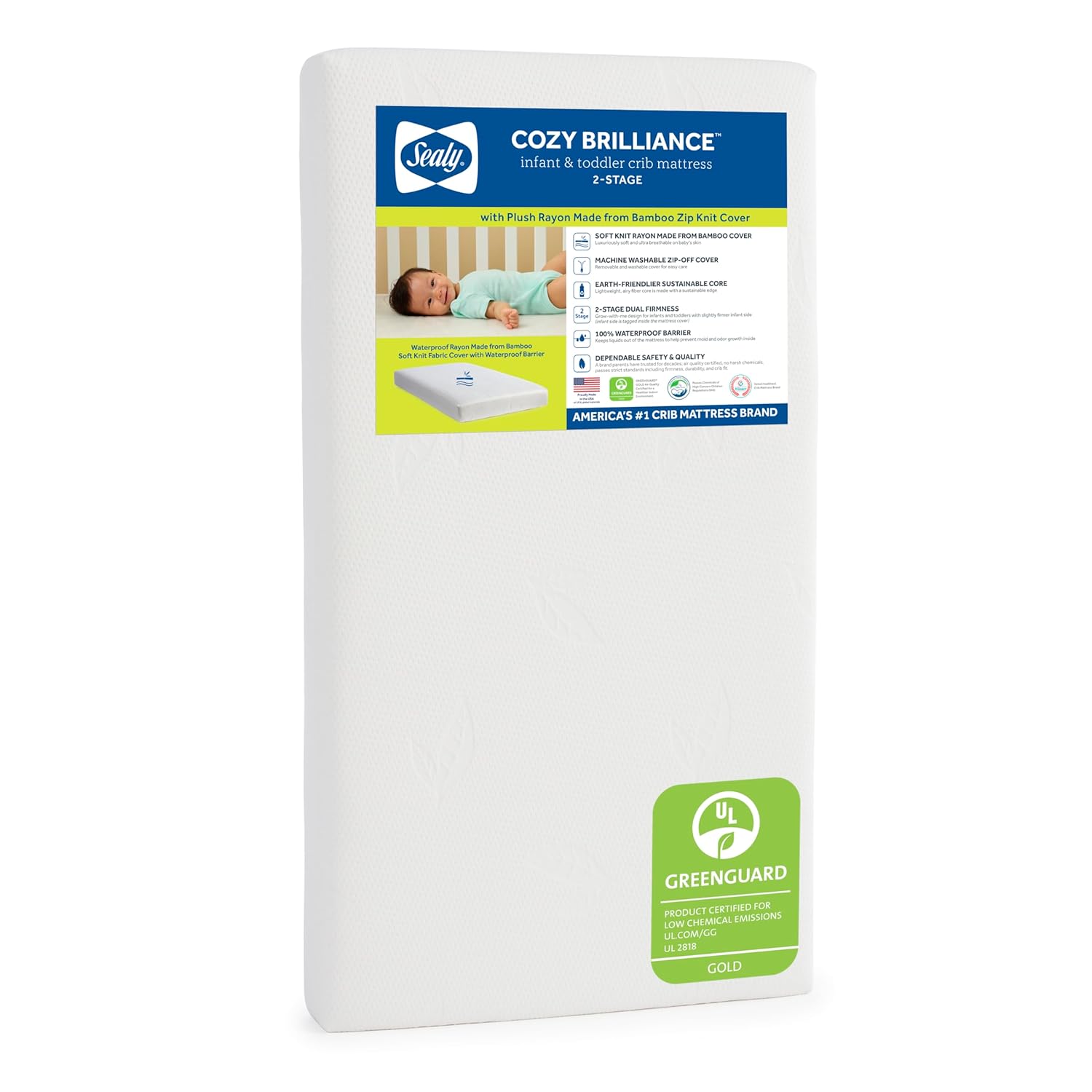 Sealy Baby Infant Toddler Cozy Brilliance Crib Mattress – Breathable, Waterproof, GREENGUARD Gold Certified and Non Toxic