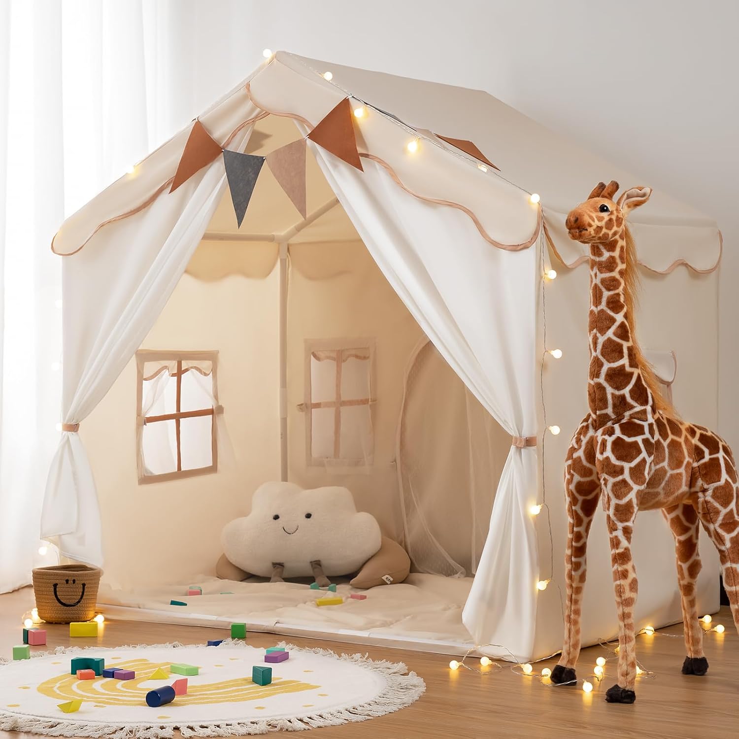 Besrey Kids Play Tent 2 in 1 with Padded Mat and Lights, Large Kids Playhouse with 2 Doors & 4 Windows, Indoor & Outdoor, Toddler Tent for Kids Indoor, 51″ x35″ x 51″