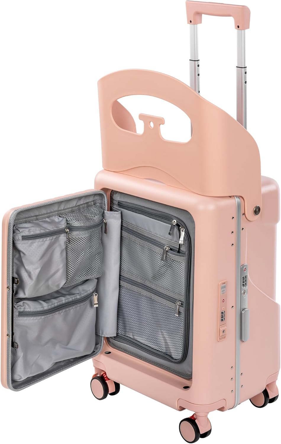 20″ Ride-On Luggage with Child Seat, Hardside Carry-On Suitcase with Front Access Shockproof Silent Spinner Wheels, TSA Lock, Charging Port for Kids & Adults & Busy Moms