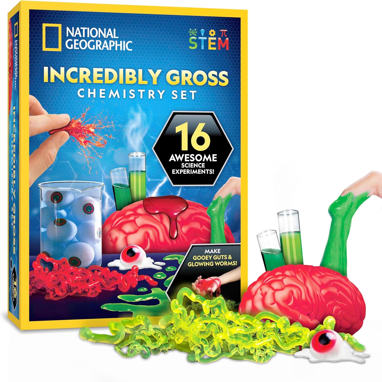 National Geographic Incredibly Gross Science Kit – 16 Disgusting Experiments with Bonus Guide, Yucky Slime Chemistry Set, Learning Toy, STEM Project for Boys and Girls, Birthday Gifts for Kids 8-12