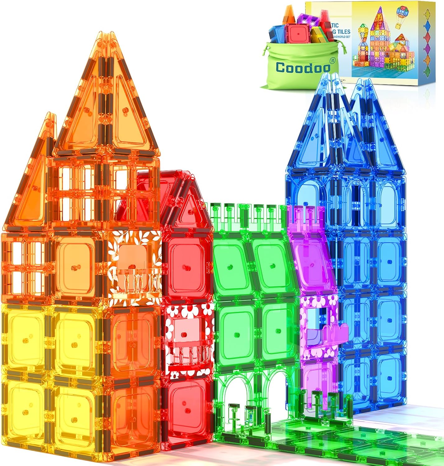 Coodoo 60 PCS Magnetic Building Tiles Kids Toys STEM Magnetic Blocks Sensory Toys Kids Games Magnet Building Toy for Boys and Girls Aged 3+, Kid Brain Development Preschool Kindergarten Toddler Toy