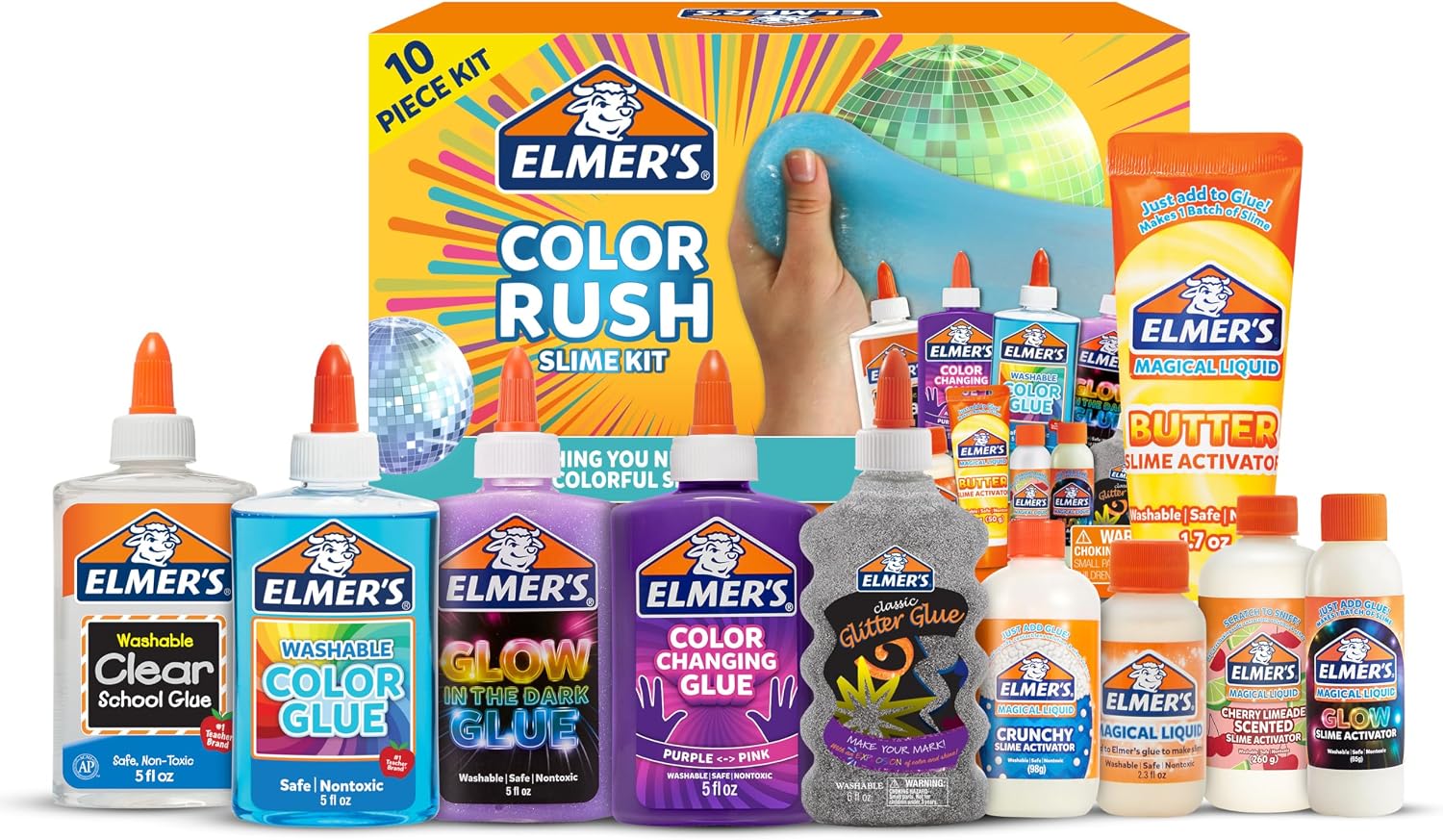 Elmer’s Color Rush Slime Kit, Includes Liquid Glue, Activator, Makes Color Changing, Glow in The Dark, Butter Slime and More, 10 Piece Kit – Perfect for Birthday Parties, Gift Idea, Kids Activity