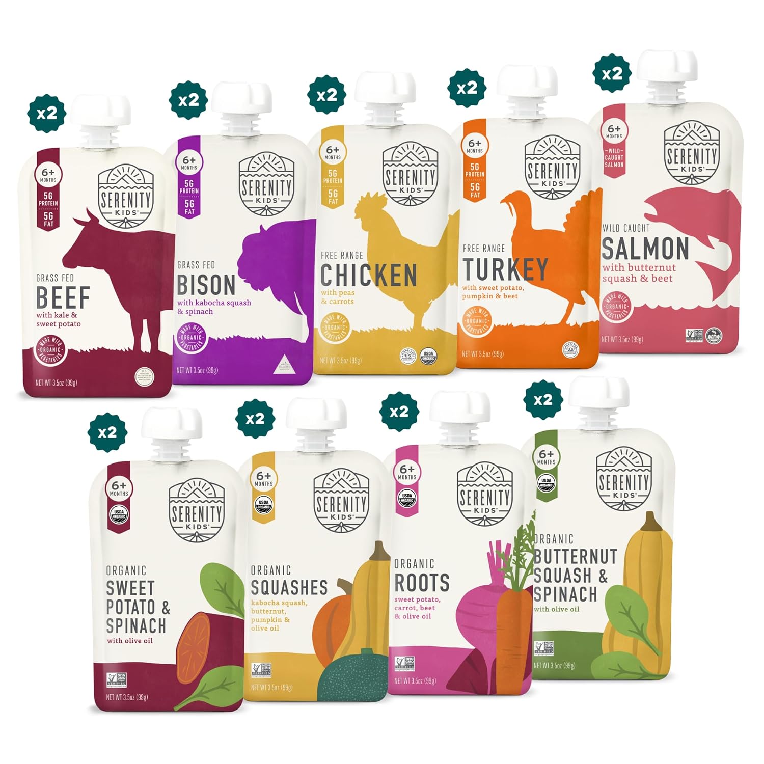 Serenity Kids 6+ Months Baby Food Puree Pouch – 5g Protein-Packed Toddler Snacks – Organic Meat & Veggie Food Pouches – Recyclable Containers for Toddler Meals – 3.5 Oz, Pack of 18