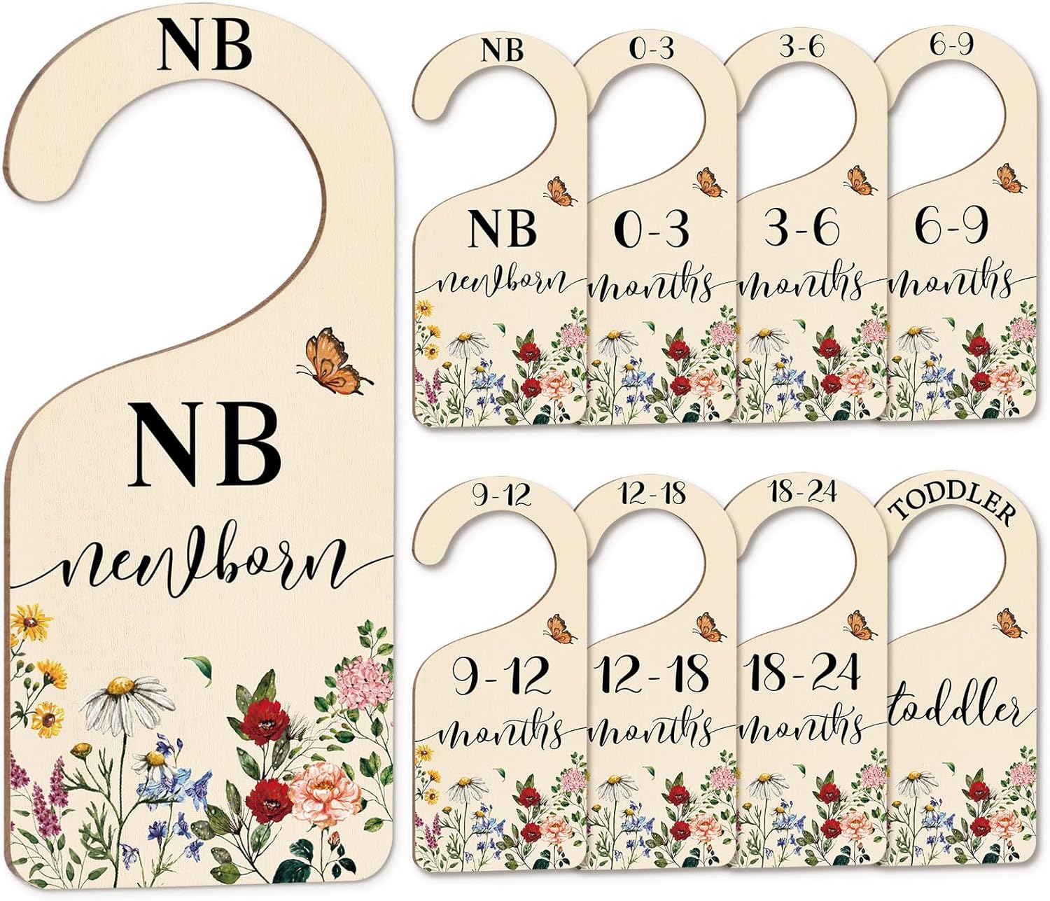 Whaline 8 Pcs Baby Closet Size Dividers Vintage Wildflower Hanging Wood Baby Closet Organizer Newborn to 24 Months Thicken Babies Wardrobe Organizer for Home Nursery
