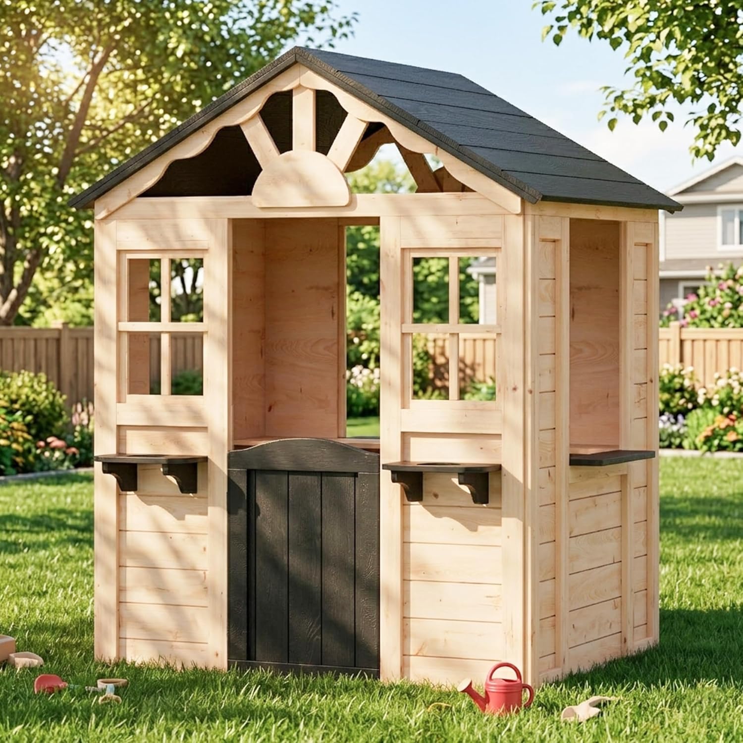 Outdoor Wooden Playhouse for Kids, Solid Cedar Wood Backyard Pretend Play House with Opening Door, 2 Cross Windows, 2 Plant Pot Shelves and 3 Serving Counters