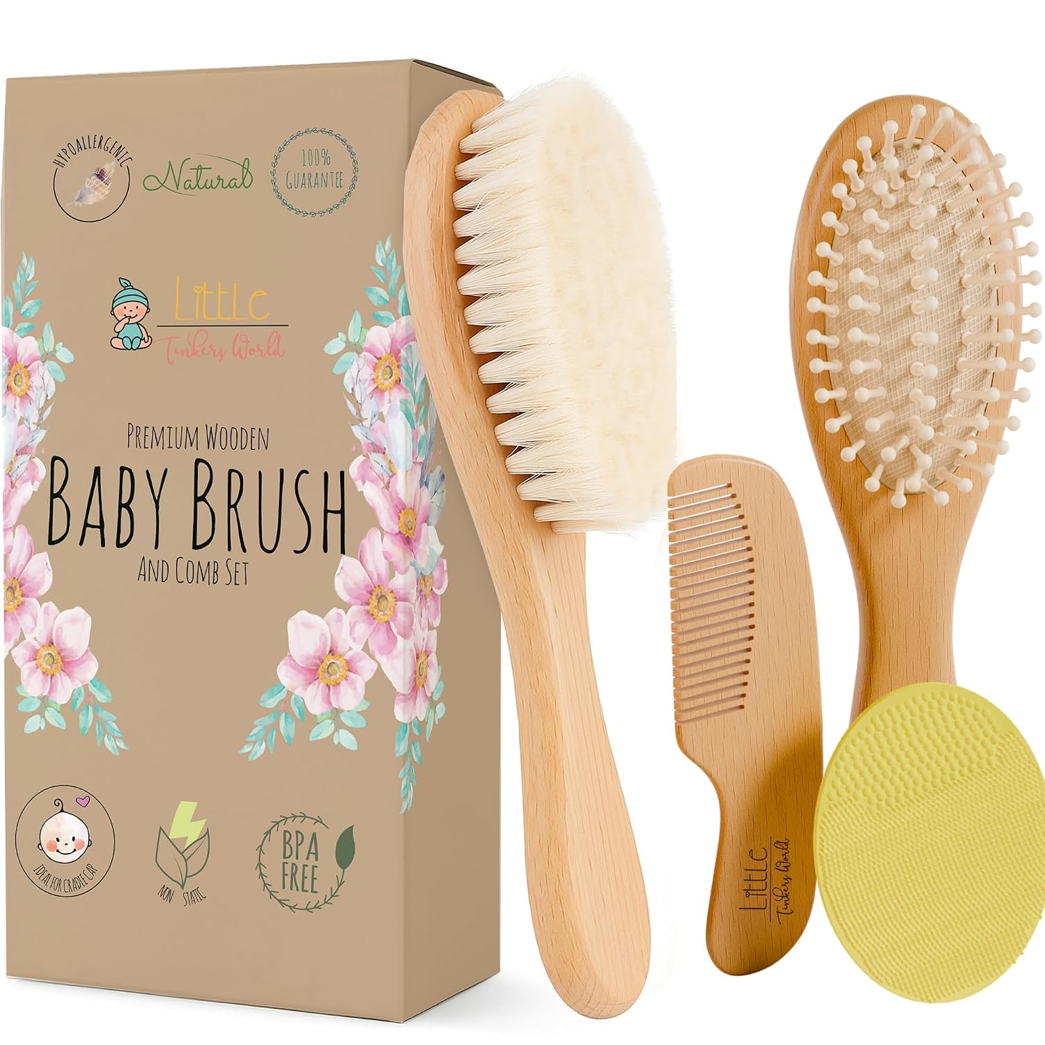 Little Tinkers World Baby Hair Brush and Comb Set 4-Piece Natural Wooden Set with Soft Goat Bristle Brush, Cradle Cap Brush & Comb Newborn Baby Registry Gift for Boys and Girls