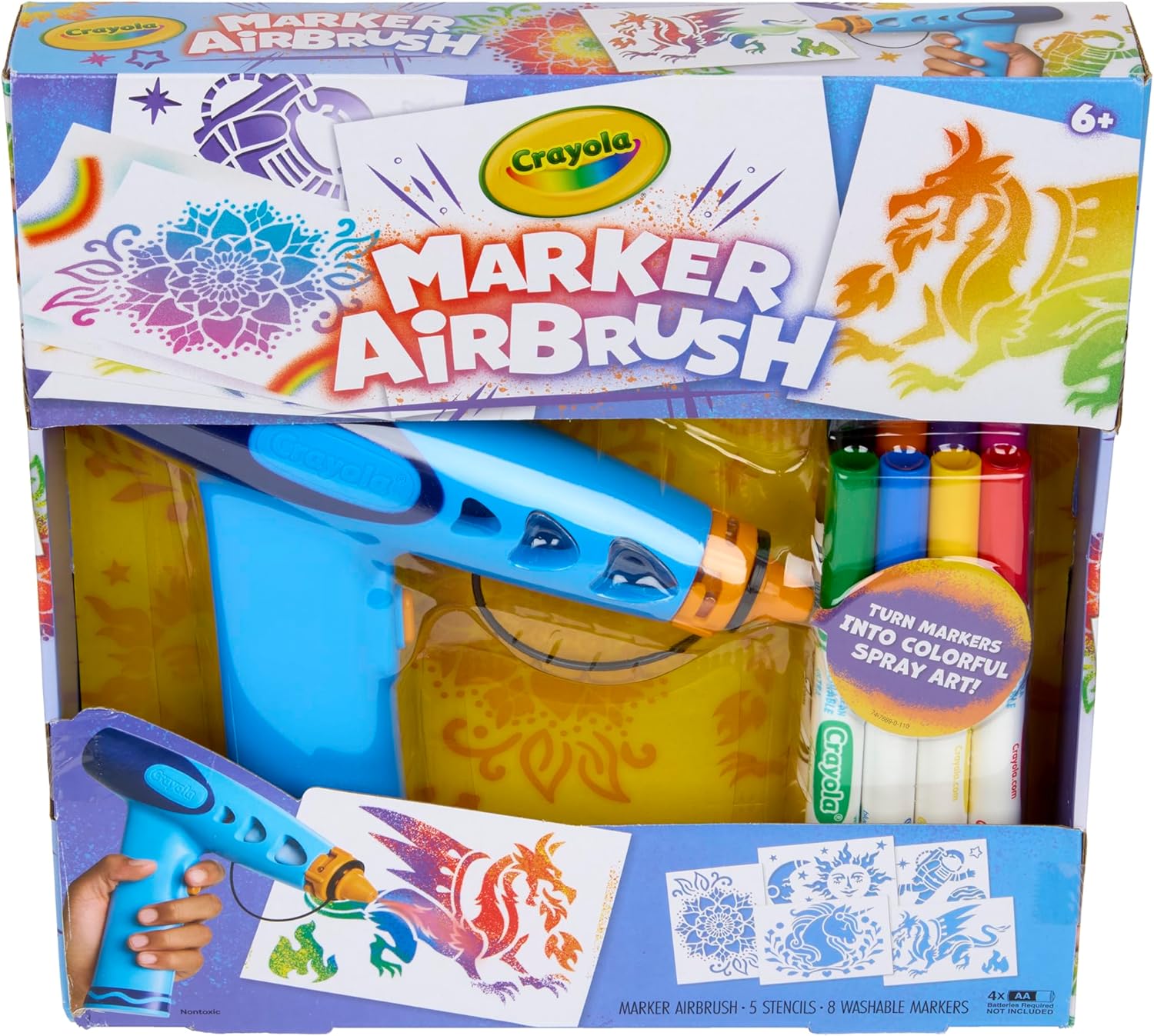 Crayola Marker Airbrush Spray Art Kit, Battery-Powered Sprayer with 8 Washable Markers & 5 Stencils, DIY Craft Set, Ages 6+