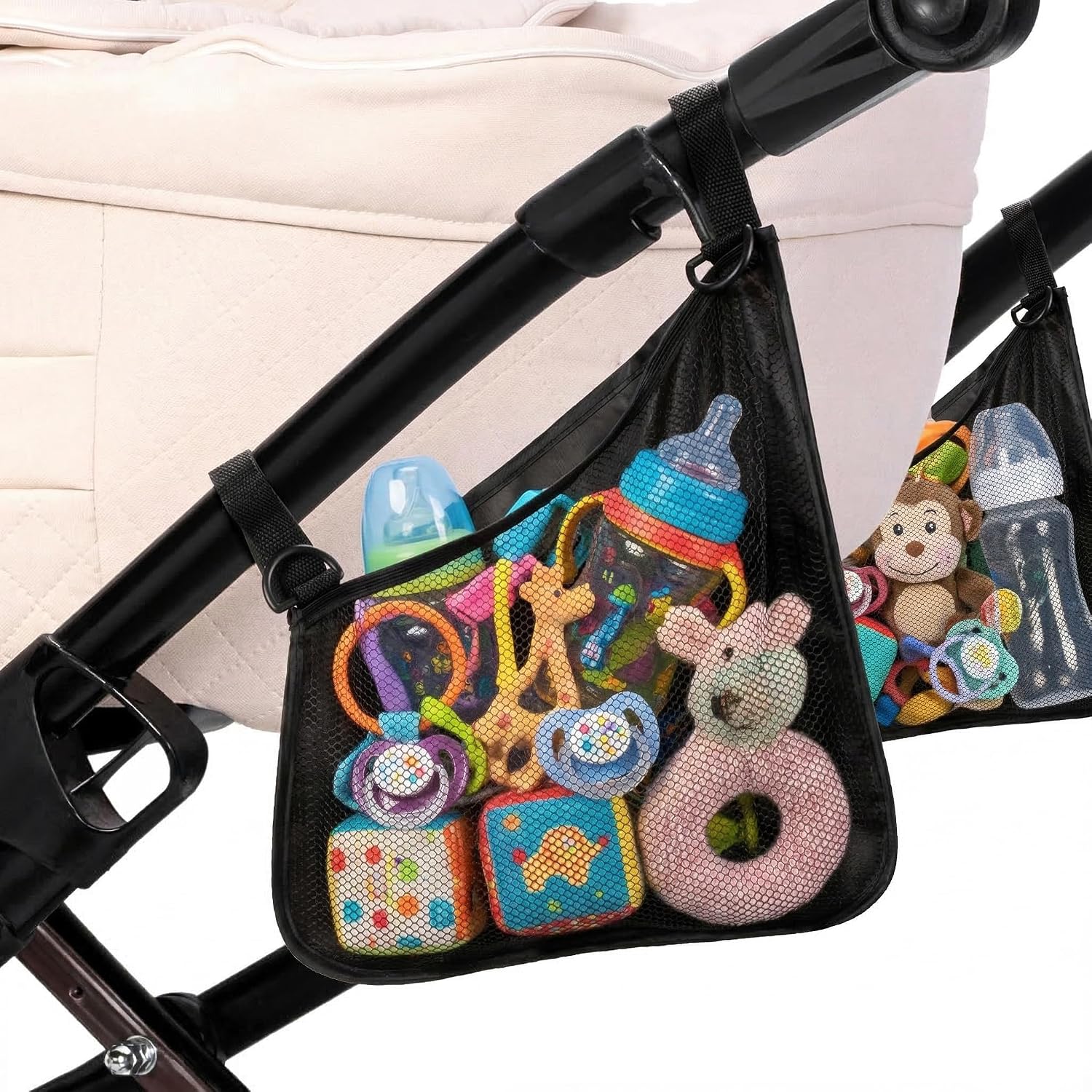 Stroller Side Bag – Bike/Stroller Organizer, Hook & Loop Easy Attach – Mesh Design, Non-Slip Straps, mom Cozy Stroller Organizer, Stroller Accessories, Black (BLACK 2PCS)