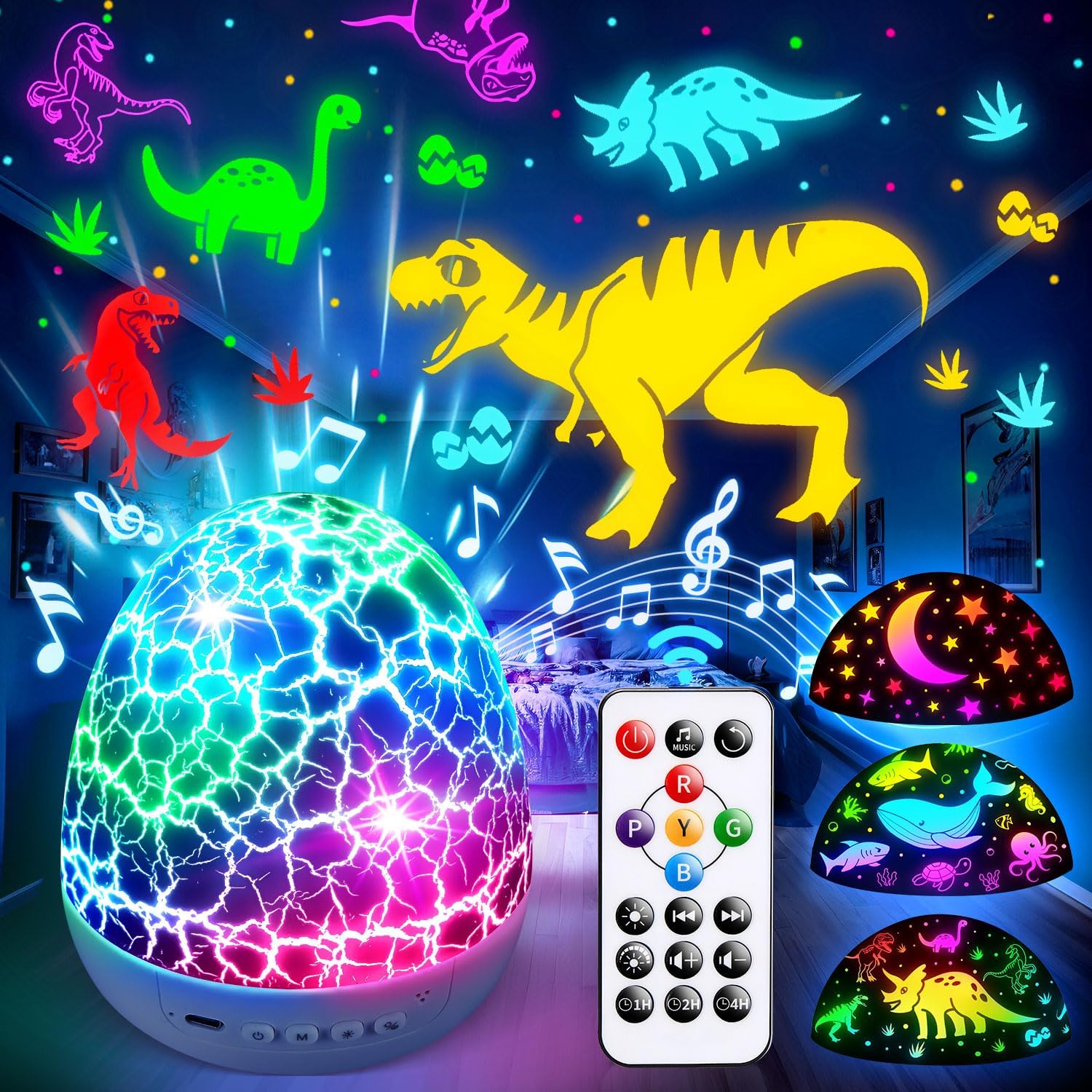 PIKOY Dinosaur Toys for Kids 3-5 Easter Gifts for Kids Toys Night Light Projector Dinosaur Eggs Easter Eggs Night Light for Kids | 15 Sounds & 3D Films | 31Colors & Remote Control | Easter Toys