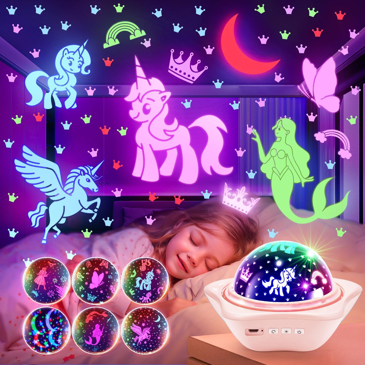 One Fire Girls Toys for Girl Gifts, 6 Films Light Projector Unicorn Toys for Girls Age 4-6, Rechargeable Night Lights for Bedroom, 360° Rotating Decor Mermaid Gifts Princess Baby Toddler Toys