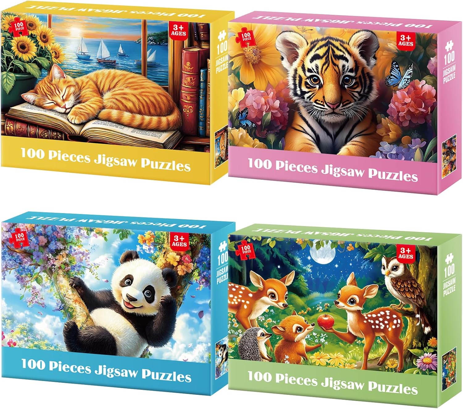Jeacirio 4-Pack 100 Pieces Puzzles for Kids Ages 4-6 6-8 Panda Tiger Deer Cat Puzzles 100 Pieces Jigsaw Puzzles for Kids 8-10 Year Old, Large Piece Puzzle for Seniors, Puzzle Toys for Boys and Girls