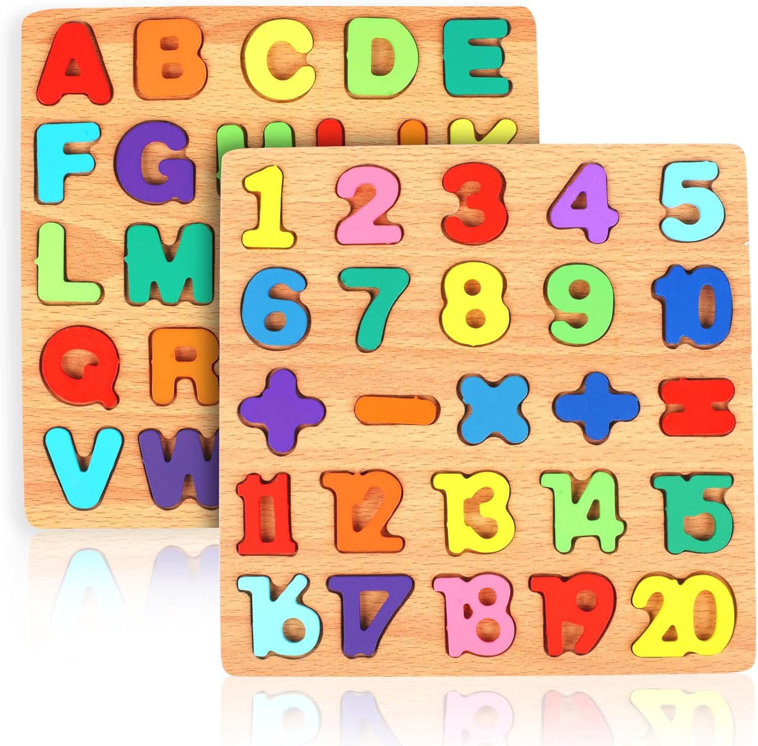 2 Pack Wooden Puzzles, Toddlers Alphabet Number Puzzles, ABC Learning Toys for Kids Ages 3-5, Preschool Learning Activities Gift Set for Boys & Girls
