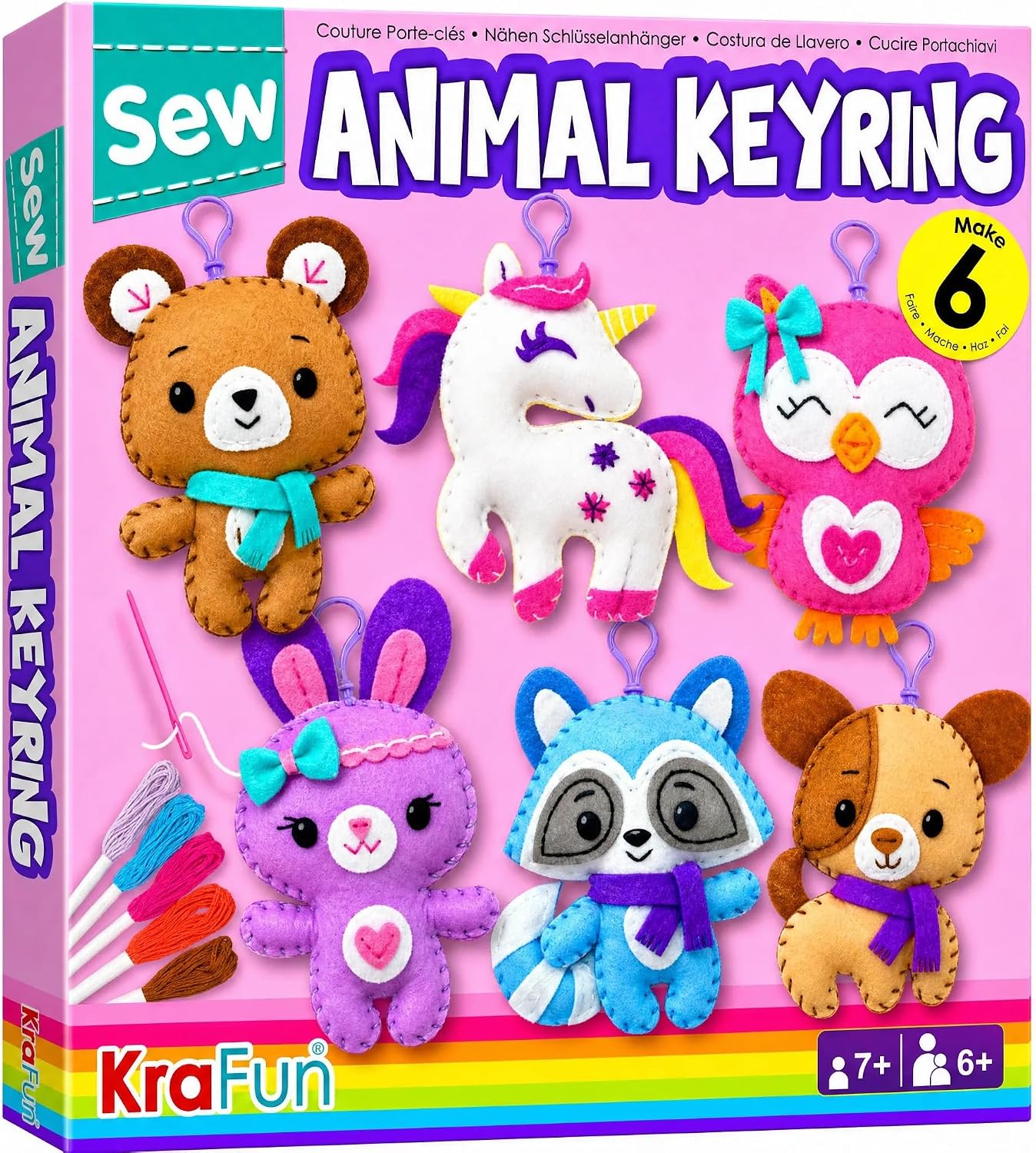 KRAFUN Unicorn Sewing Keyring Kit for Kids Age 7 8 9 10 11 12 Learn Art & Craft, Includes 6 Stuffed Animal Bear, Dog, Rabbit, Raccoon, Owl Dolls, Instruction & Felt Materials