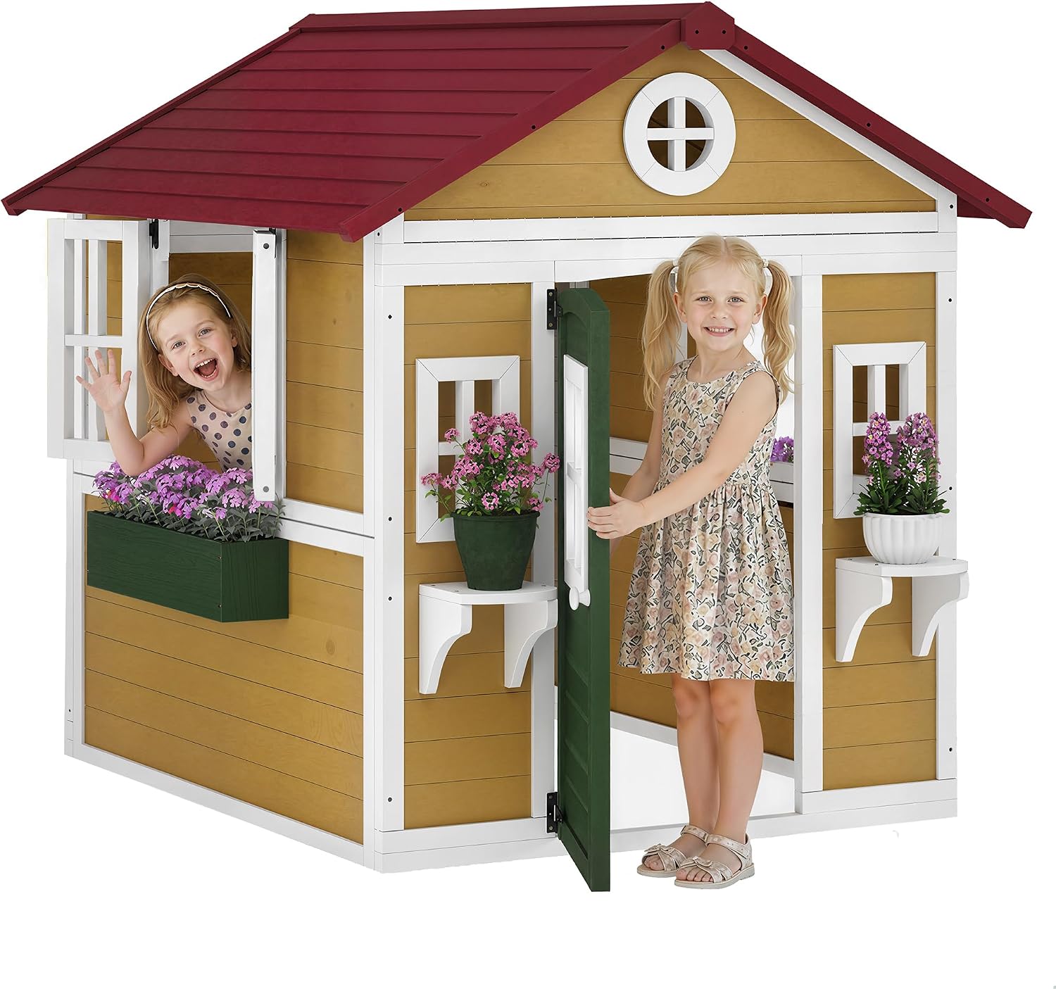 Outsunny Outdoor Kids Playhouse, Wooden Playhouse with Dutch Door, Windows, Flower Holders and Boxes for Toddlers 3-8 Years, Cottage Play House for Backyard, Beige