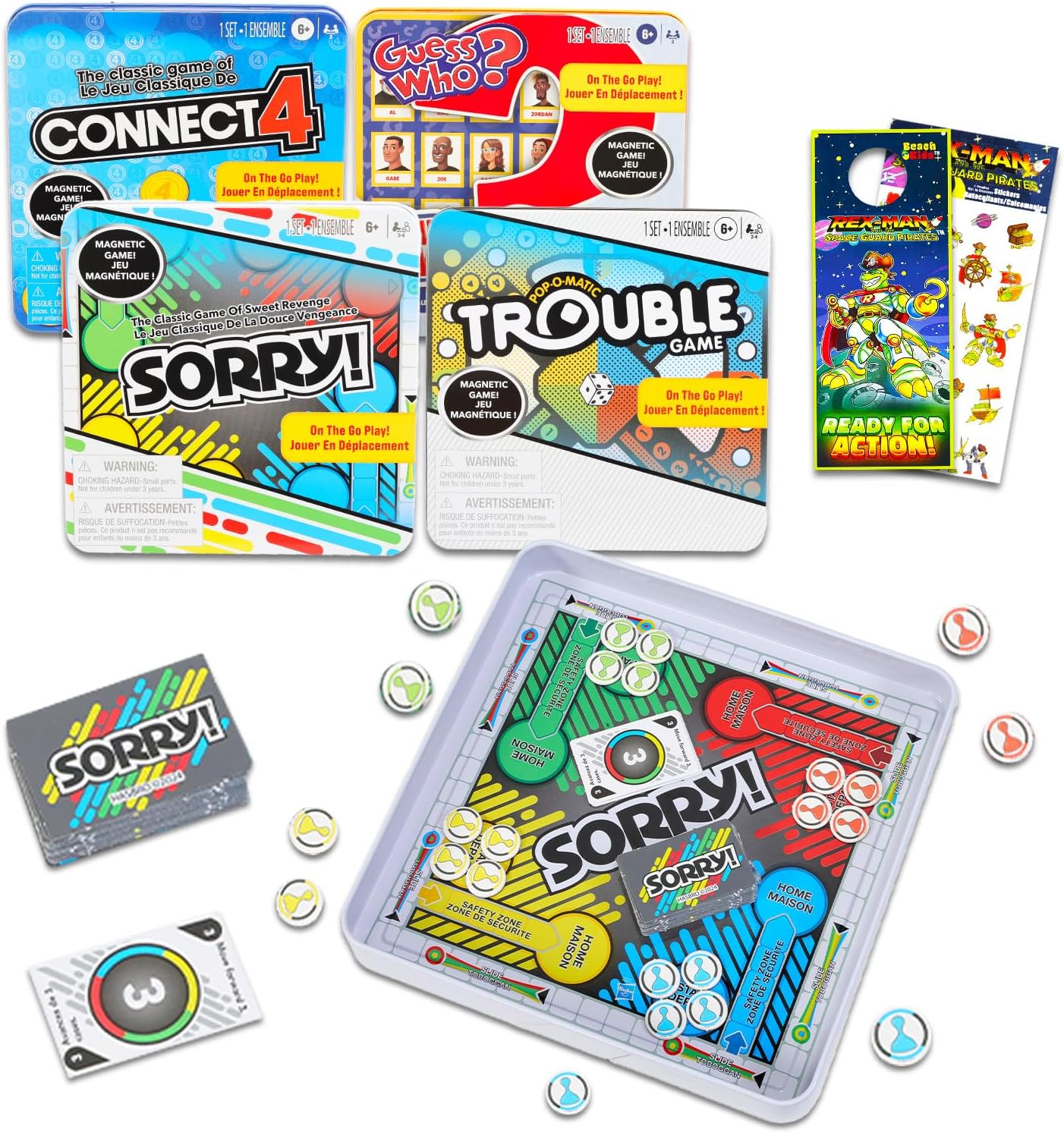Hasbro Gaming Magnetic Game Travel Set for Kids – Bundle with 4 Travel Games in Tin Featuring Connect 4, Sorry, Trouble, Guess Who Plus Stickers | Travel Games for Kids 8-12