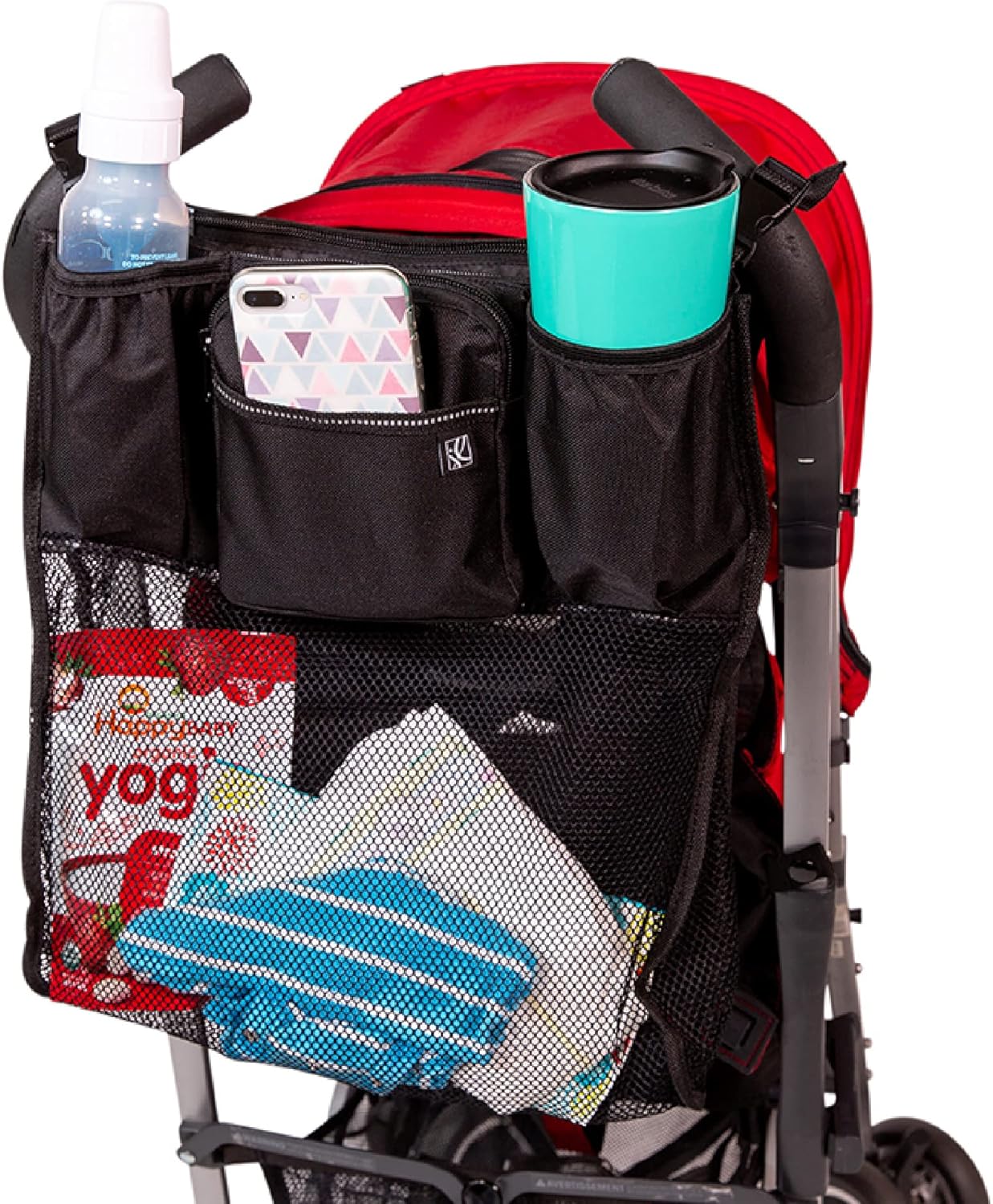 J.L. Childress Cups ‘N Cargo Universal Stroller Caddy Organizer – Essential Travel Accessories for Baby Stroller, Includes Cup Holders & Mesh Storage Bag, Fits UPPAbaby, Doona, Nuna, & More – Black