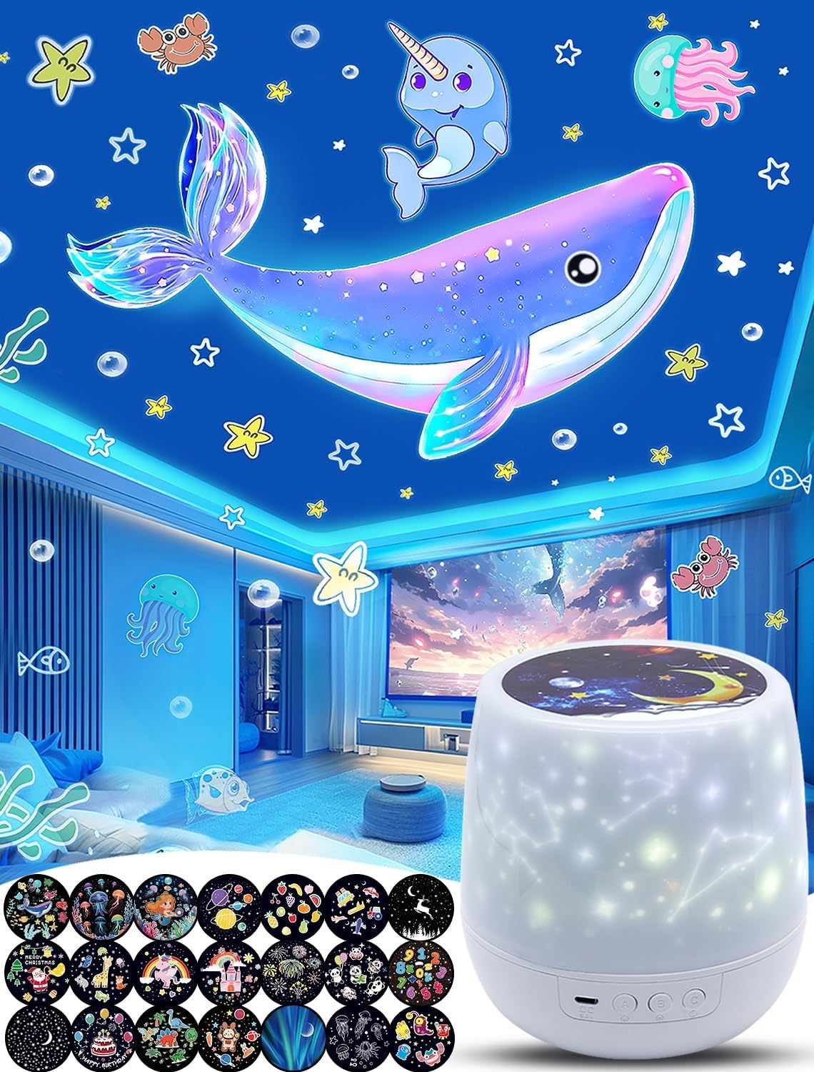 Projector Night Light for Kids + 21 Sets of Films, Night Light Projector for Bedroom, Ceiling, Kids Star Galaxy Projector with 360° Rotation for Baby Girl Boy, Birthday, Christmas, Nursery, Room Decor