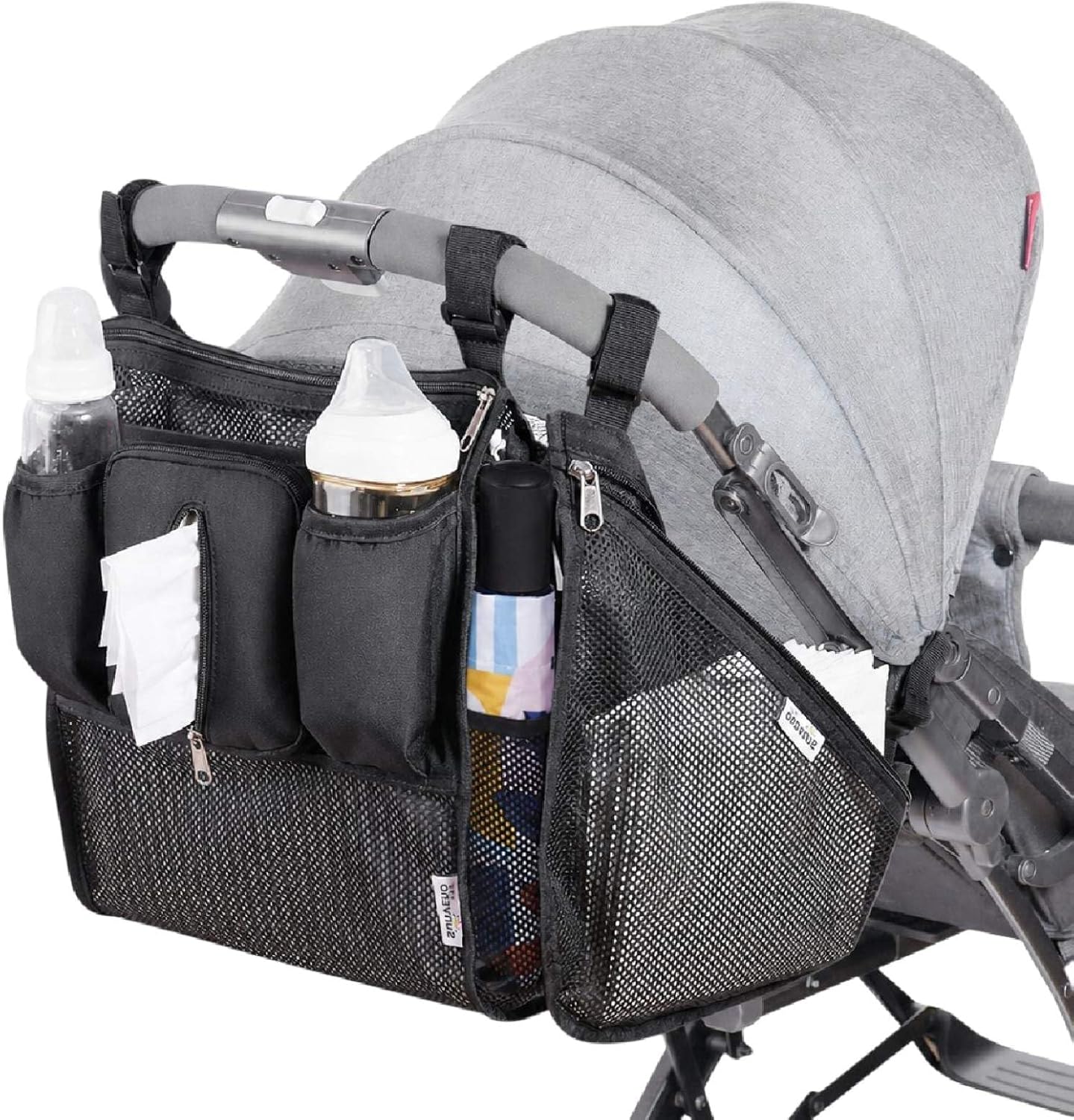 SUNVENO 2-pack Universal Stroller Organizer Caddy with Cup Holders, Wipes Pouch and Extra Storage, Zippered Mesh Side Sling for Pushchair, Black