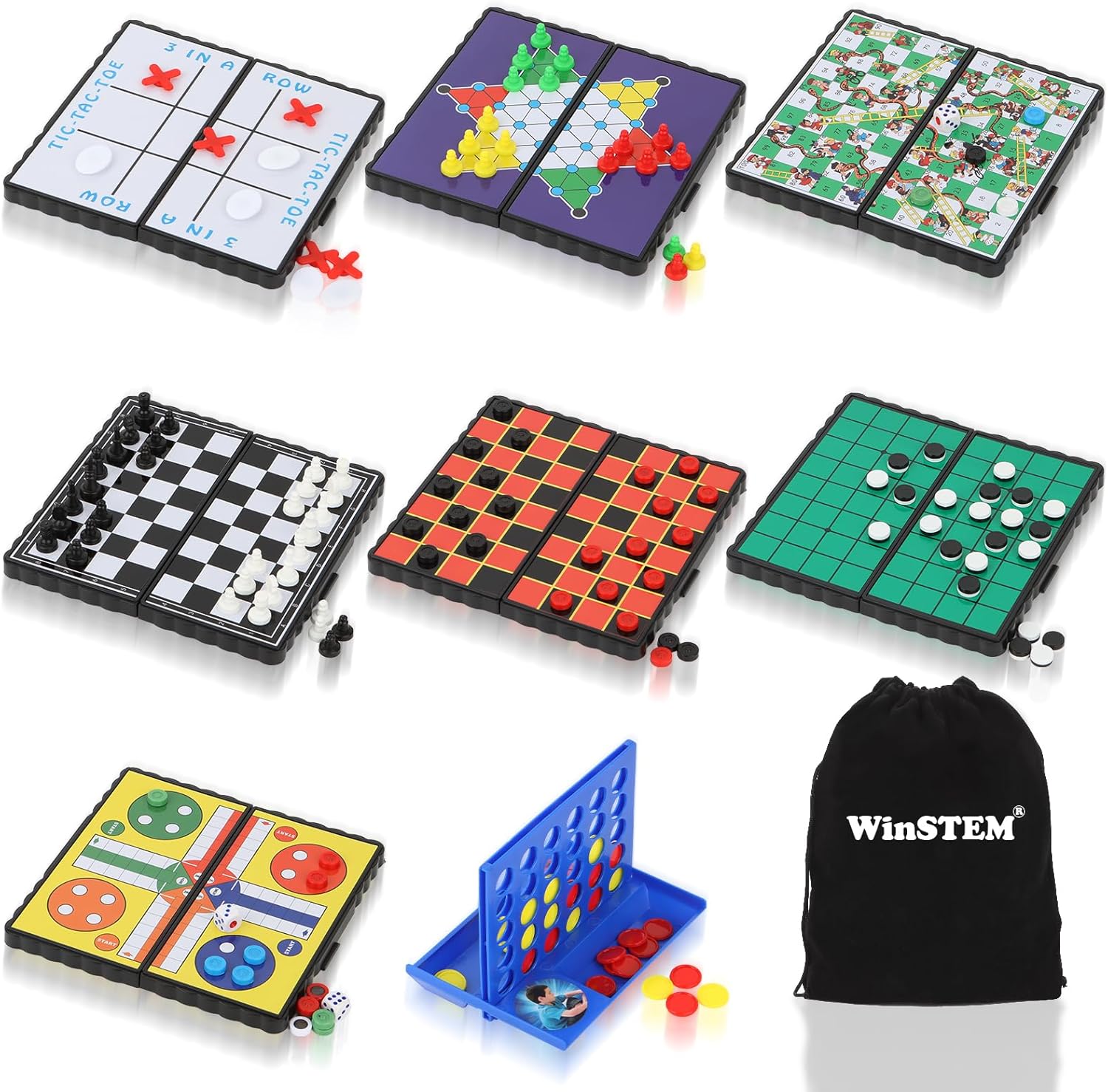 8-in-1 Mini Travel Board Games Set, Magnetic Checkers Game with Folding Magnet Board, 4 in a Row Game, 5.2” Compact Design Ideal for Family/Road Trip/Travel/Camping Party, Included Storage Bag