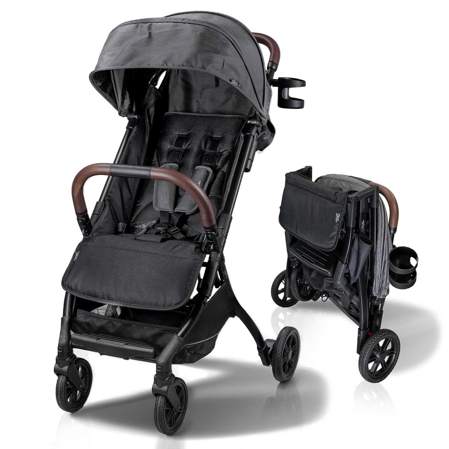 Strolee Lightweight Baby & Toddler Stroller, Ultra Compact, Airplane-Friendly Travel Stroller, One-Handed Fold, Near Flat Recline, X-L Canopy & Parent Cup Holder -LinQ (v2 Shadow Grey)