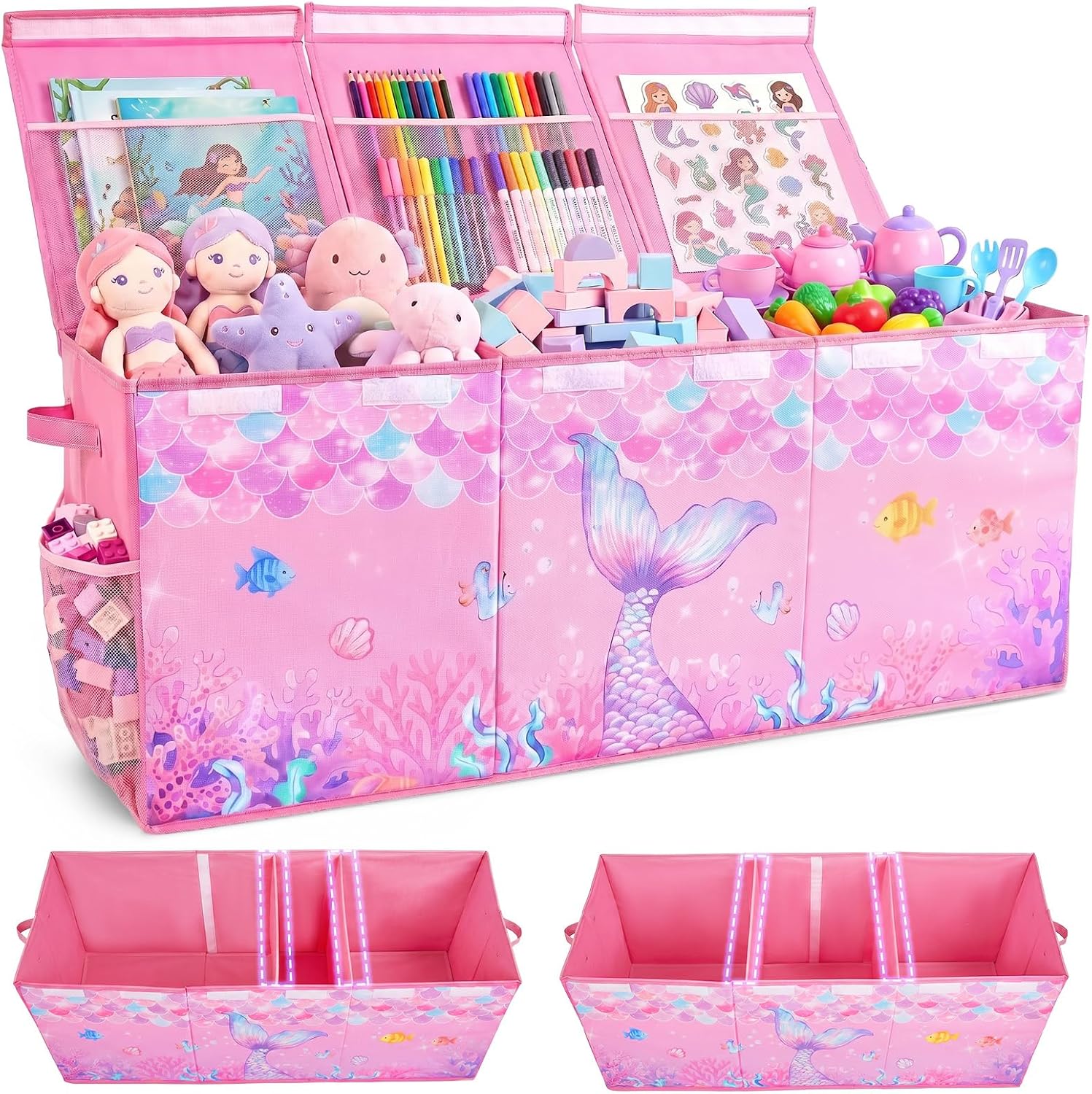 Unicorn Castle Toy Box with Adjustable Divider Toy Chest Storage Large Toy Storage Organizer Bin Collapsible with Lid Pockets for Nursery Playroom,Pink Purple Mermaid