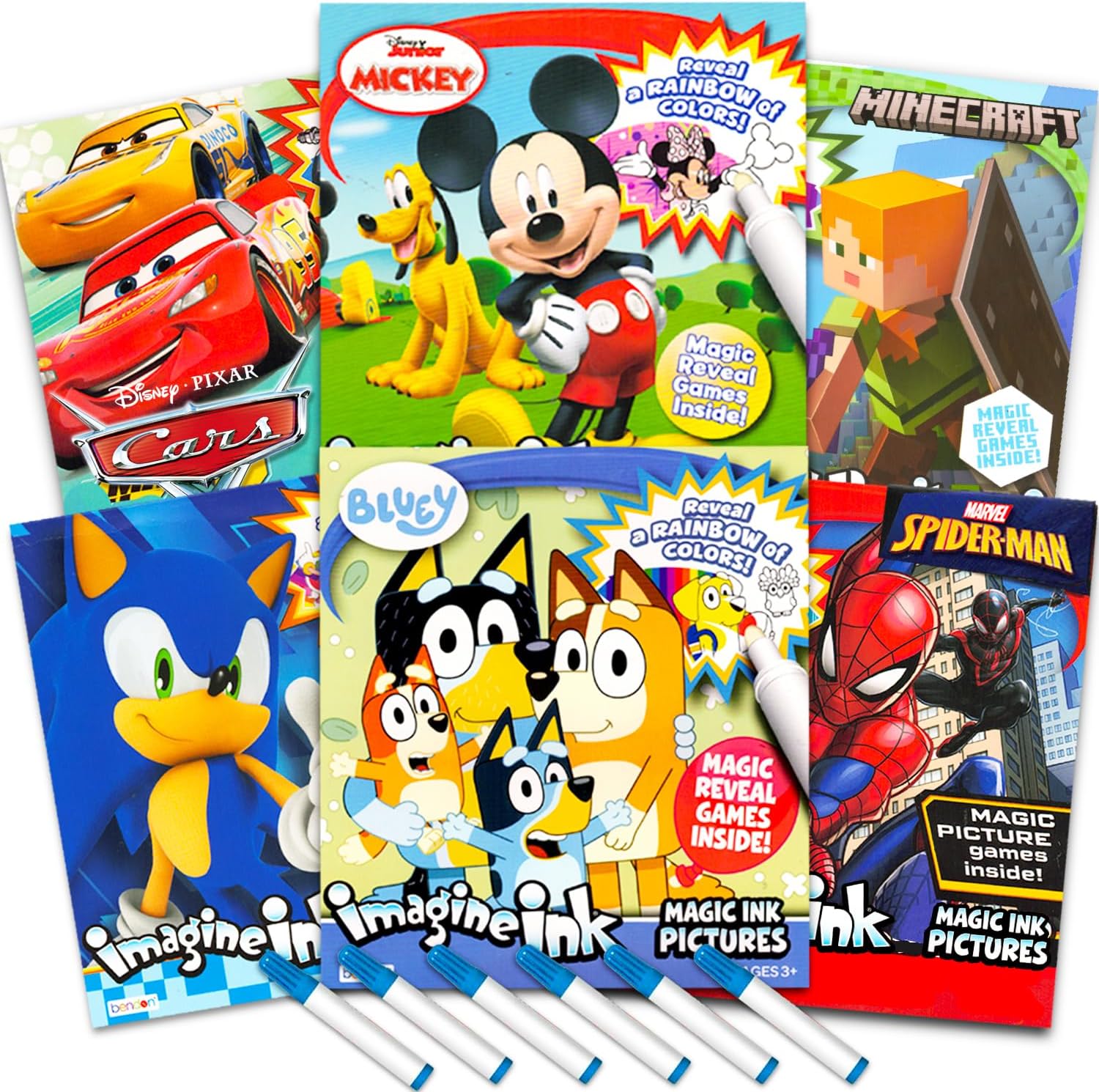 Bulk Imagine Ink Coloring Book Set for Boys – Bundle with 6 No Mess Coloring Books Featuring Sonic, Minecraft, Mickey Mouse, Spidey, Cars, and Bluey