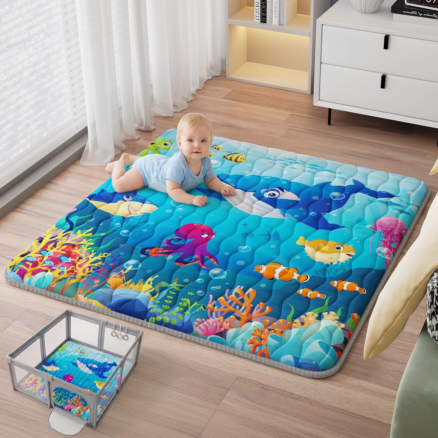Baby Play Mat, 50×50 Thickened Playpen Mat, Waterproof & Non-Slip, Foldable Play Mat for Floor, Machine Washable Crawling Mats for Infants & Toddlers, Floor Activity and Playing & Learning, Sea World